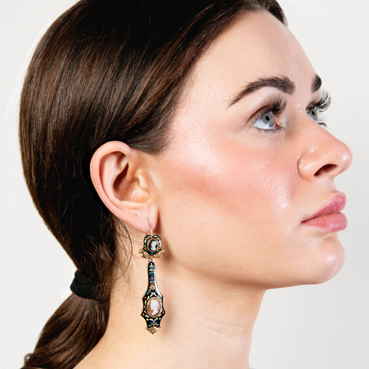 Victorian 18k Gold Shell Cameo Swiss Enamel Day & Night Earrings - Antique Jewelry for Weddings, Parties & Special Occasions