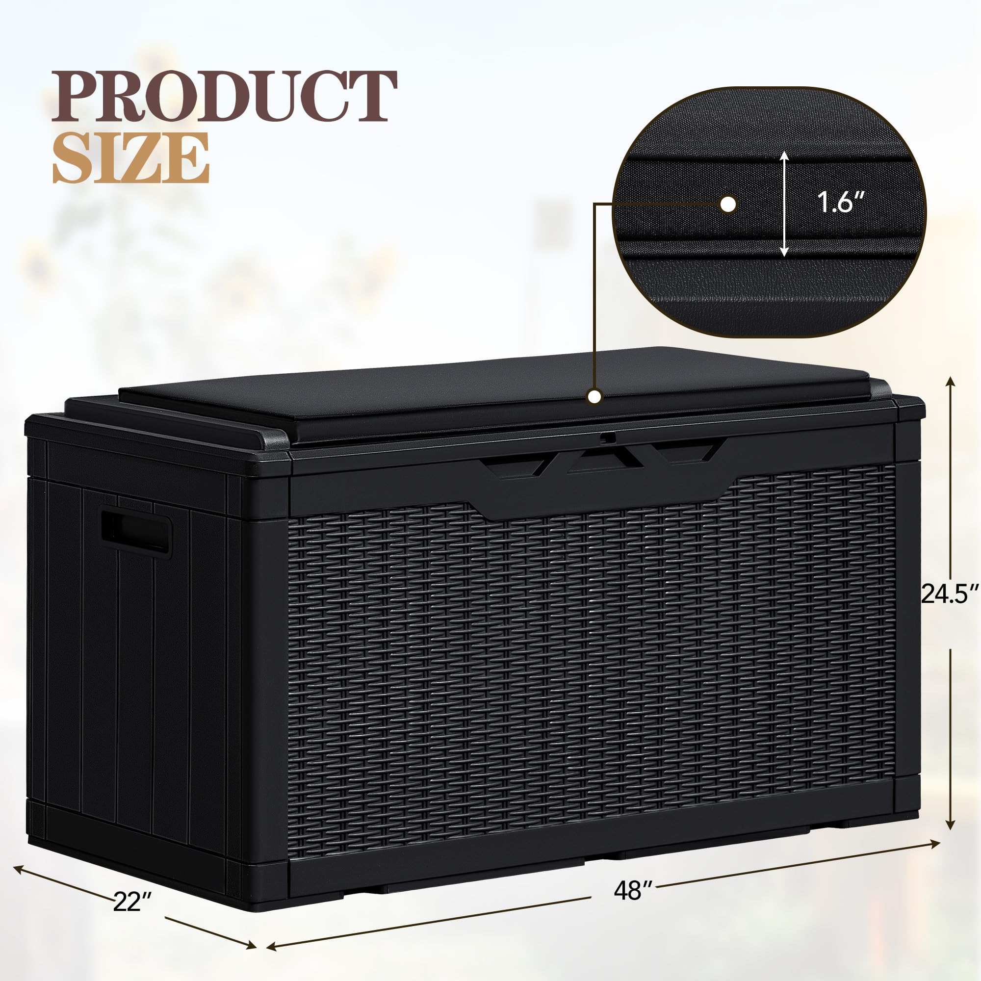 Greesum 100 Gallon Resin Deck Box - Large Outdoor Storage Bench with Cushions for Garden Tools, Patio Furniture, Pool Supplies (Black) - Perfect for Backyard, Deck, and Poolside Organization