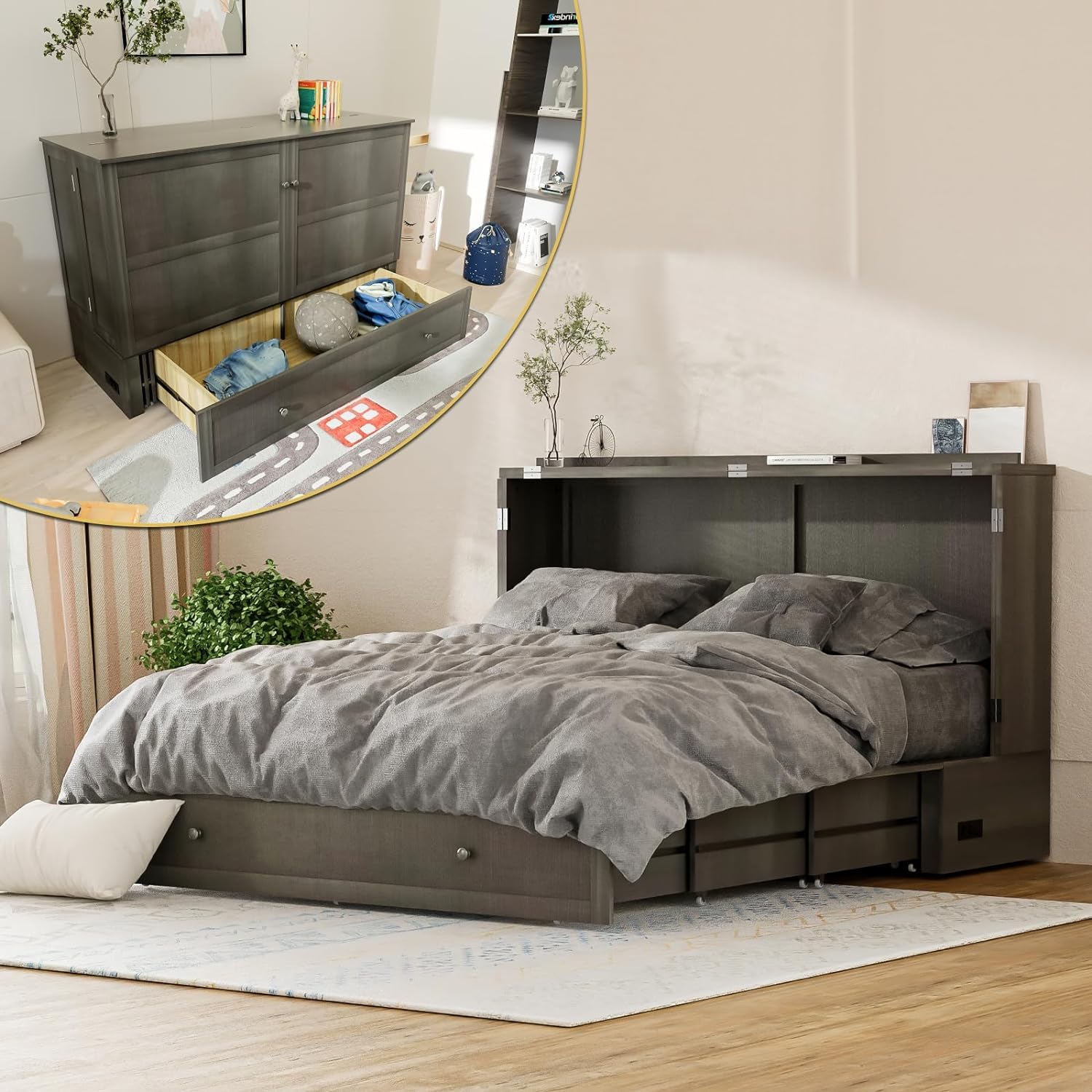 Queen Size Murphy Bed with Tri-Folding Mattress - Solid Pine Wood Wall Bed with Storage Drawer & USB Charging Port | Space-Saving Cabinet Bed for Small Apartments, Guest Rooms & Studio Living Spaces (Grey)