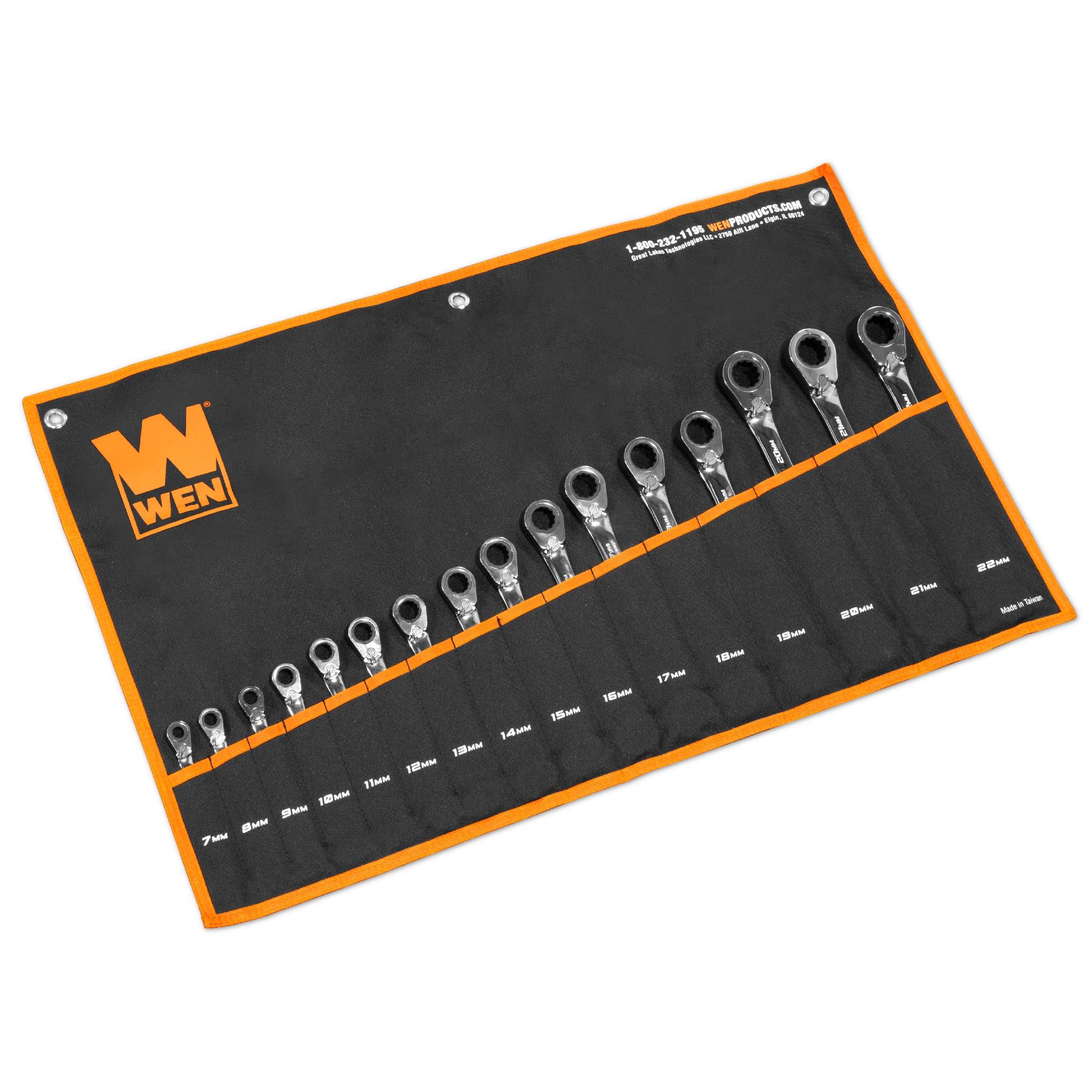 WEN WR162 16-Piece Professional Reversible Ratcheting Metric Combination Wrench Set with Storage Pouch - Perfect for Automotive Repair, Machinery Maintenance & DIY Projects