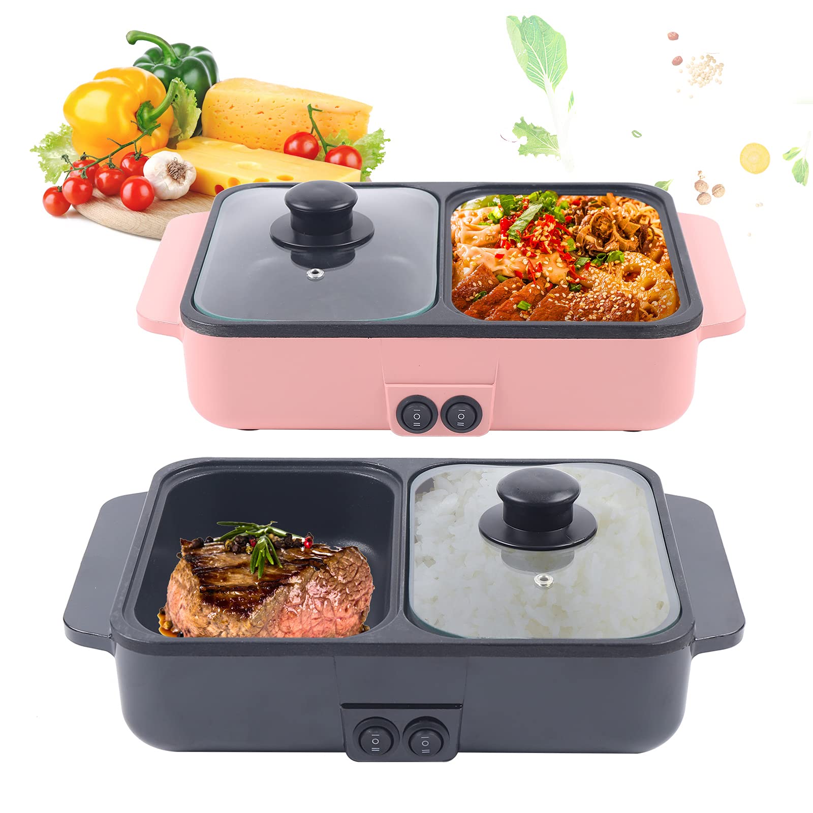 Mini Shabu Shabu Hot Pot & Grill - 2-in-1 Non-Stick Electric Cooker with Independent Temperature Control for Indoor/Outdoor Use - Perfect for Parties, Camping & Family Dinners (Black)