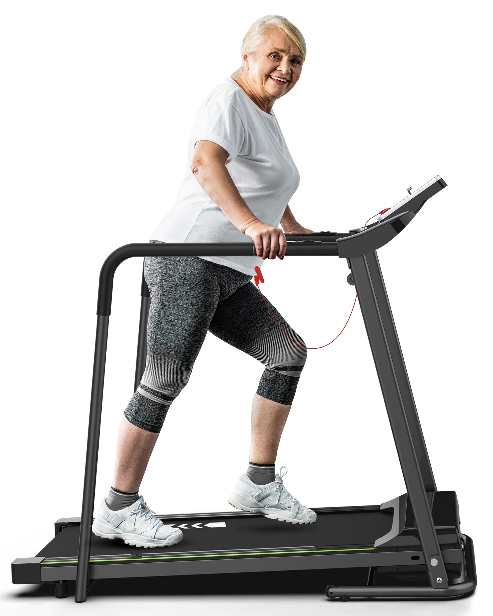 Redliro Foldable Walking Treadmill for Seniors - 300 lbs Weight Capacity with Long Handrail & LCD Display - Home Fitness Exercise Machine with Phone/Cup Holder - Perfect for Elderly Recovery, Low-Impact Workouts & Small Space Home Gyms