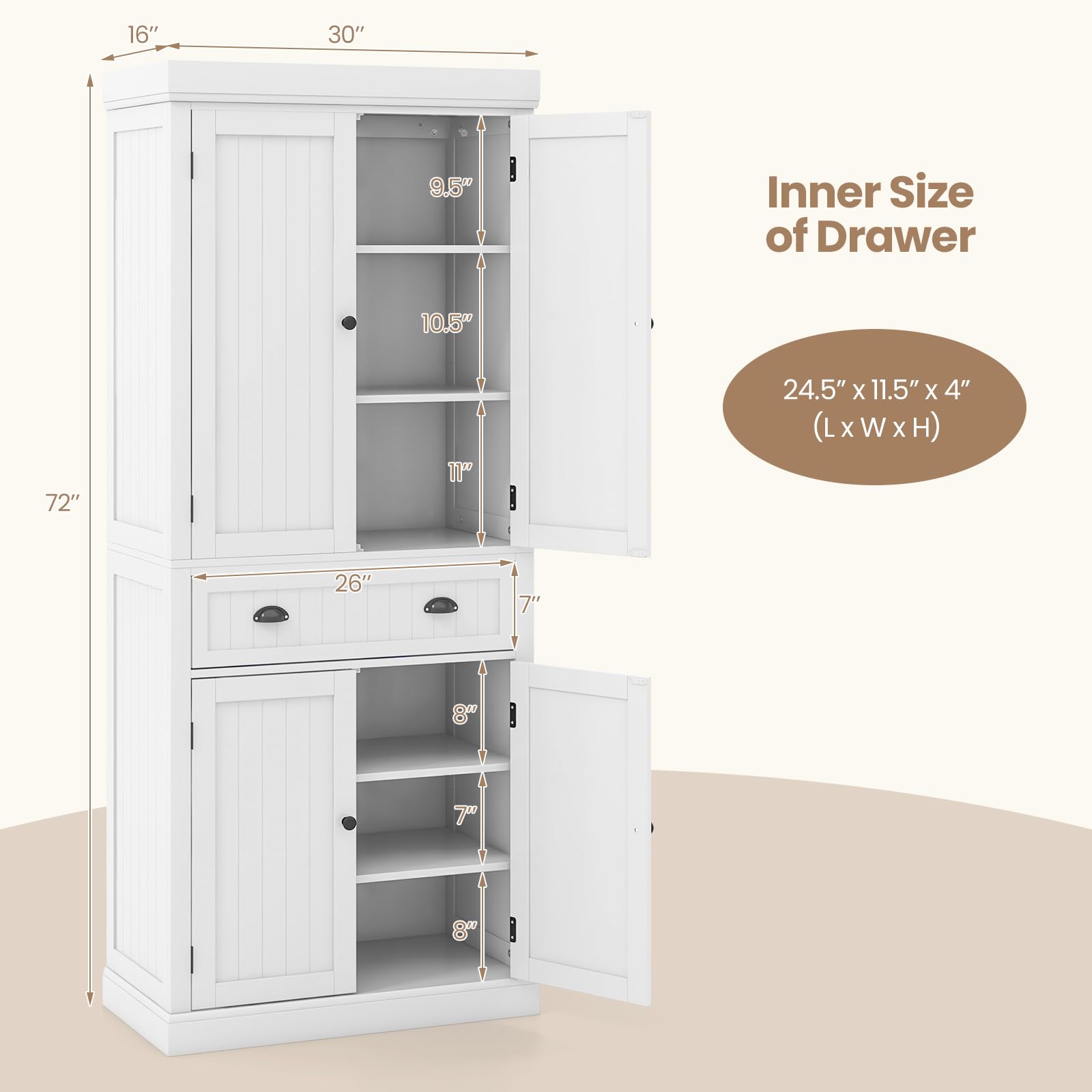 Tangkula 72 Inch Tall Kitchen Pantry Cabinet - Freestanding Storage Cupboard with 2 Cabinets, Drawer & Adjustable Shelves - 30 x 16 x 72 Inches - Perfect for Kitchen, Dining Room & Living Room Organization