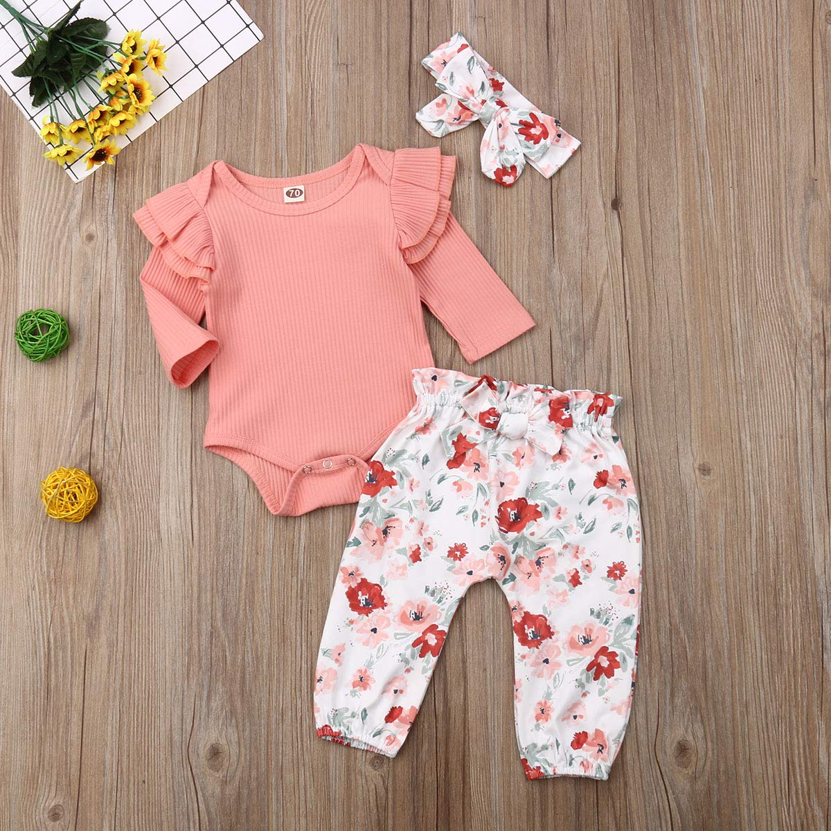 Adorable Newborn Baby Girl Outfit Set - Floral Romper Bodysuit, Long Pants & Headband | Soft Cotton Short Sleeve Donut Print | Perfect for Photoshoots, Birthday Parties & Daily Wear