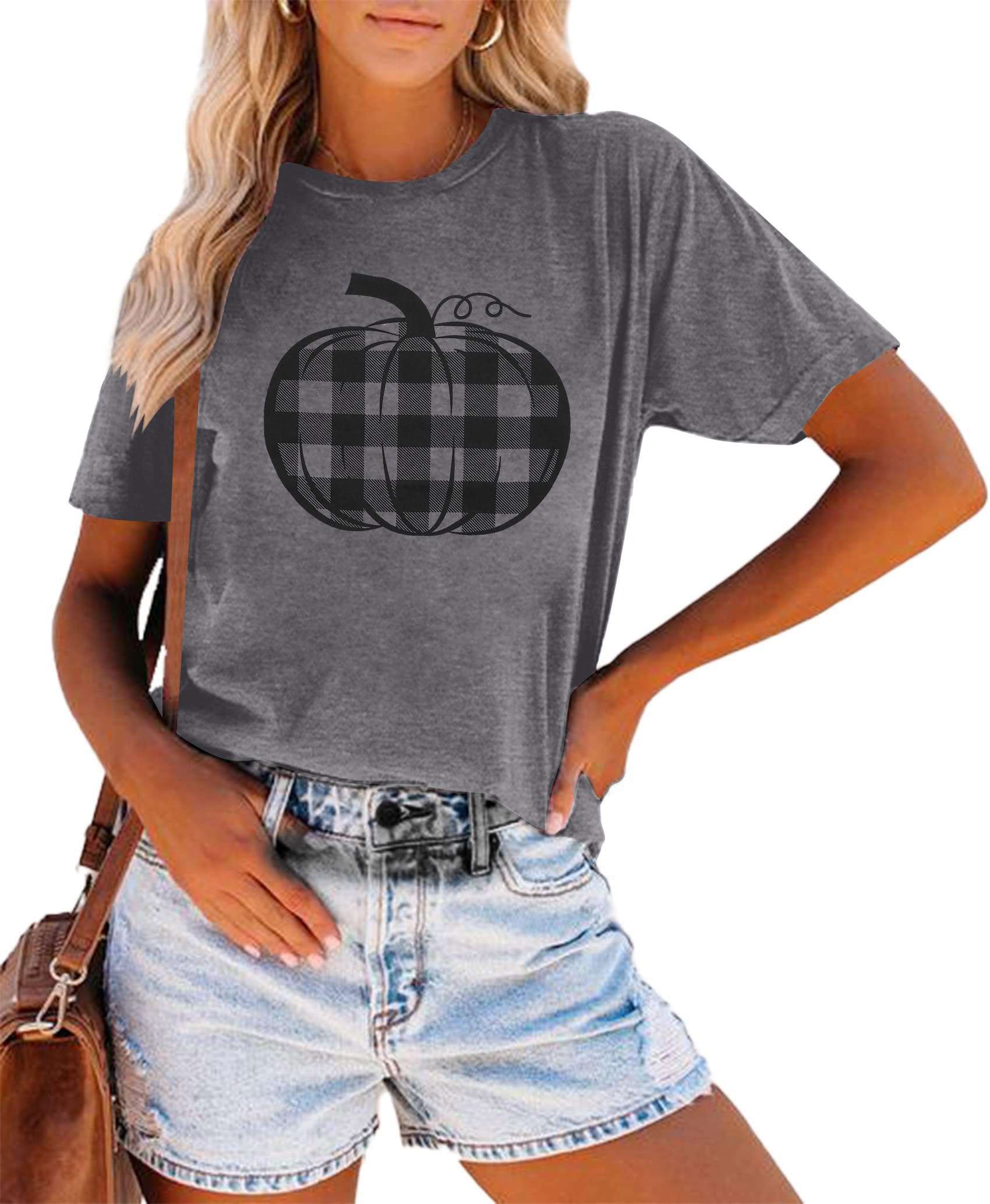 LUKYCILD Women's Halloween Pumpkin Graphic T-Shirt - Plaid & Leopard Print Short Sleeve Fall Top for Thanksgiving, Parties & Seasonal Outfits