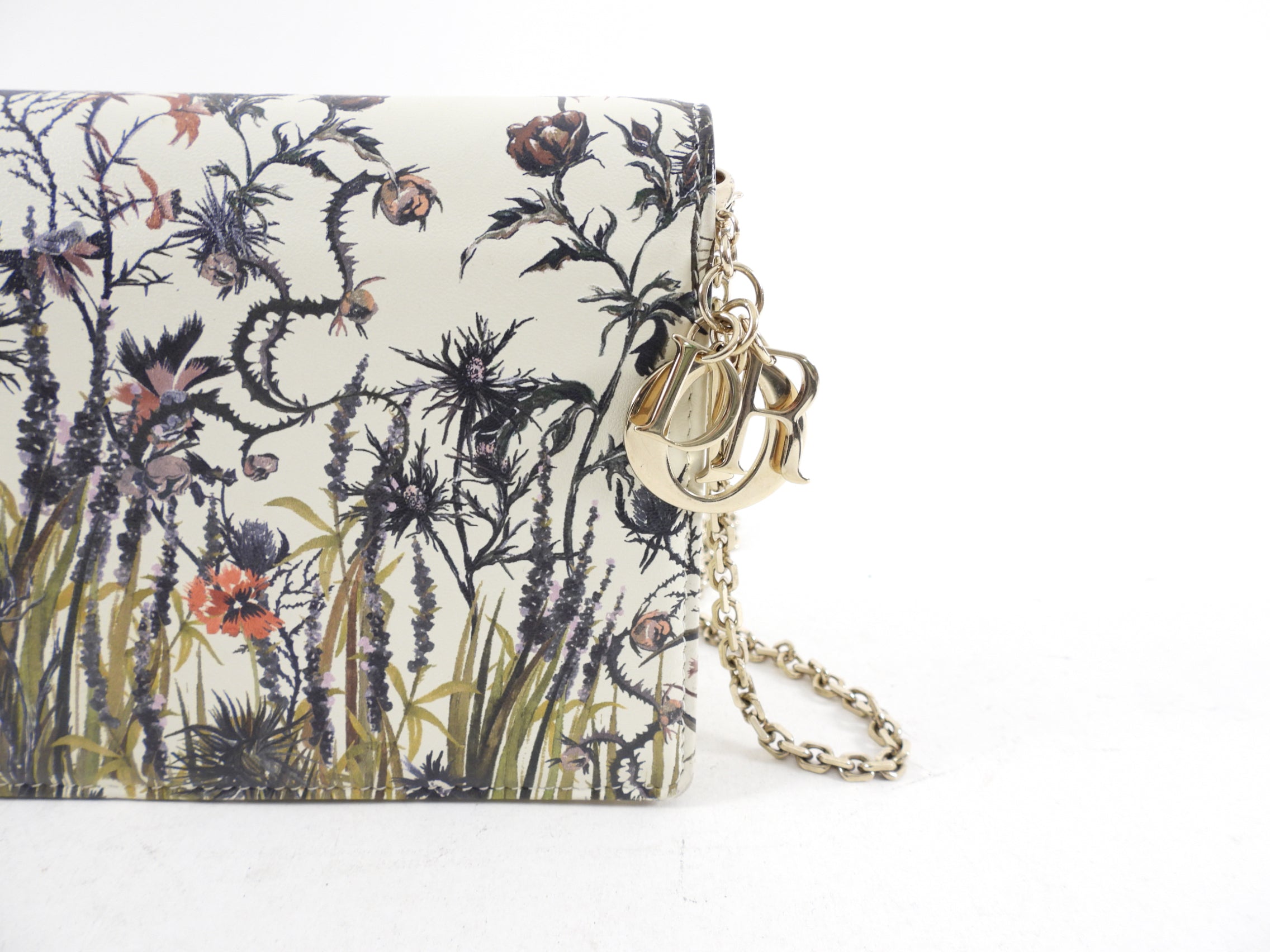 Dior Lady Dior Ivory Leather Floral Pouch Wallet on Chain - Luxury Crossbody Bag for Women, Perfect for Evening Parties & Special Occasions