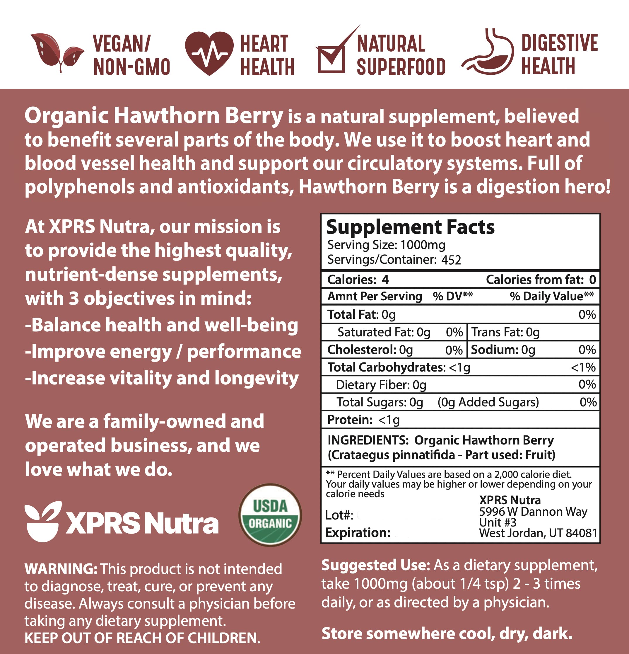 XPRS Nutra Organic Hawthorn Berry Powder - Premium USDA Certified Organic Hawthorne Berry Supplement for Heart Health & Cardiovascular Support - Vegan, Non-GMO, Gluten-Free (16oz) - Perfect for Smoothies, Teas & Natural Wellness Routines