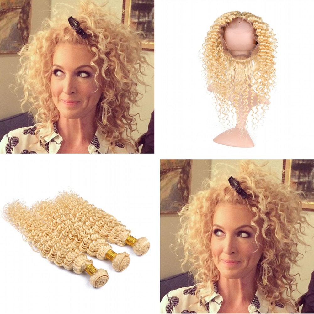 Brazilian Virgin Human Hair 360 Frontal & 3 Bundles - Blonde 613 Deep Wave Pre Plucked Hair Extensions (14/16/18+12 Inch) for Stunning Curly Hairstyles & Everyday Glam Looks
