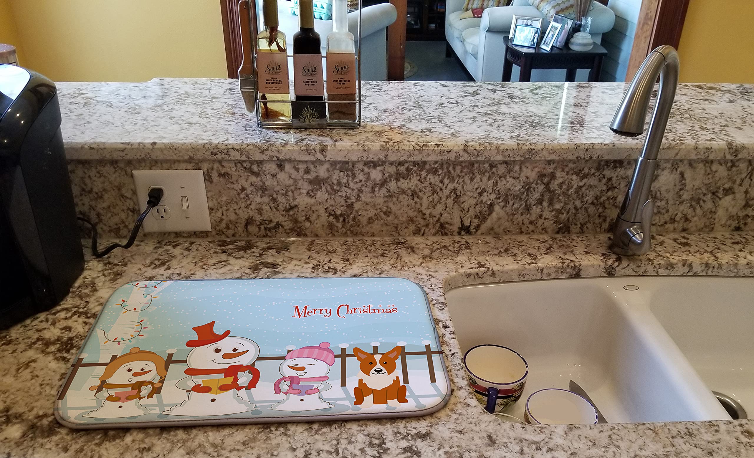 Merry Christmas Corgi Dish Drying Mat - Absorbent Kitchen Counter Mat (14x21