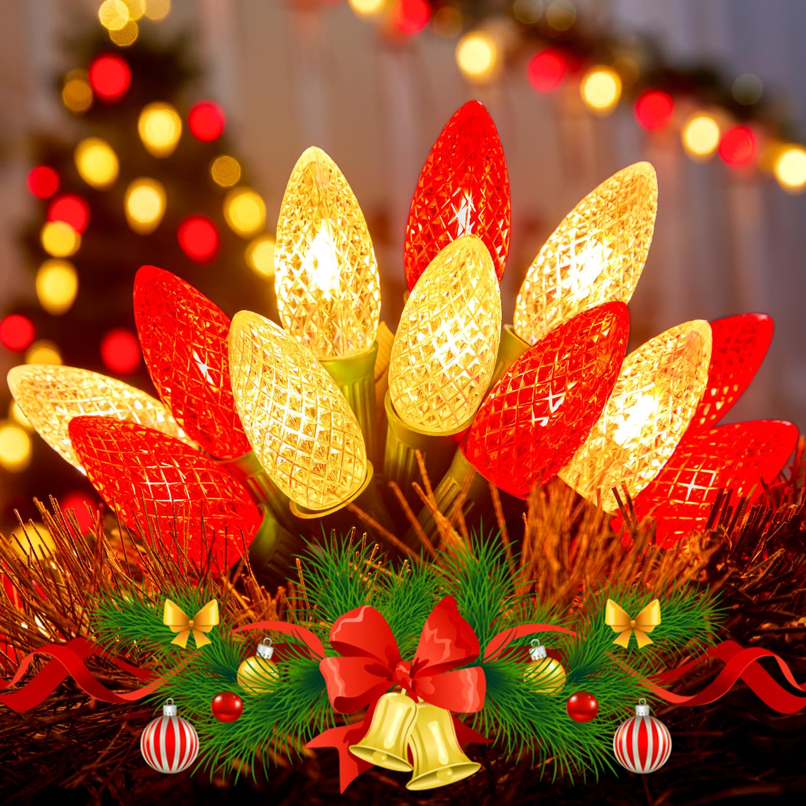100 Ft C9 LED Christmas String Lights - Red & Warm White Strawberry Bulbs, Waterproof & Connectable, UL Certified for Indoor & Outdoor Holiday Decor - Perfect for Xmas Trees, Yard, House, and Commercial Displays