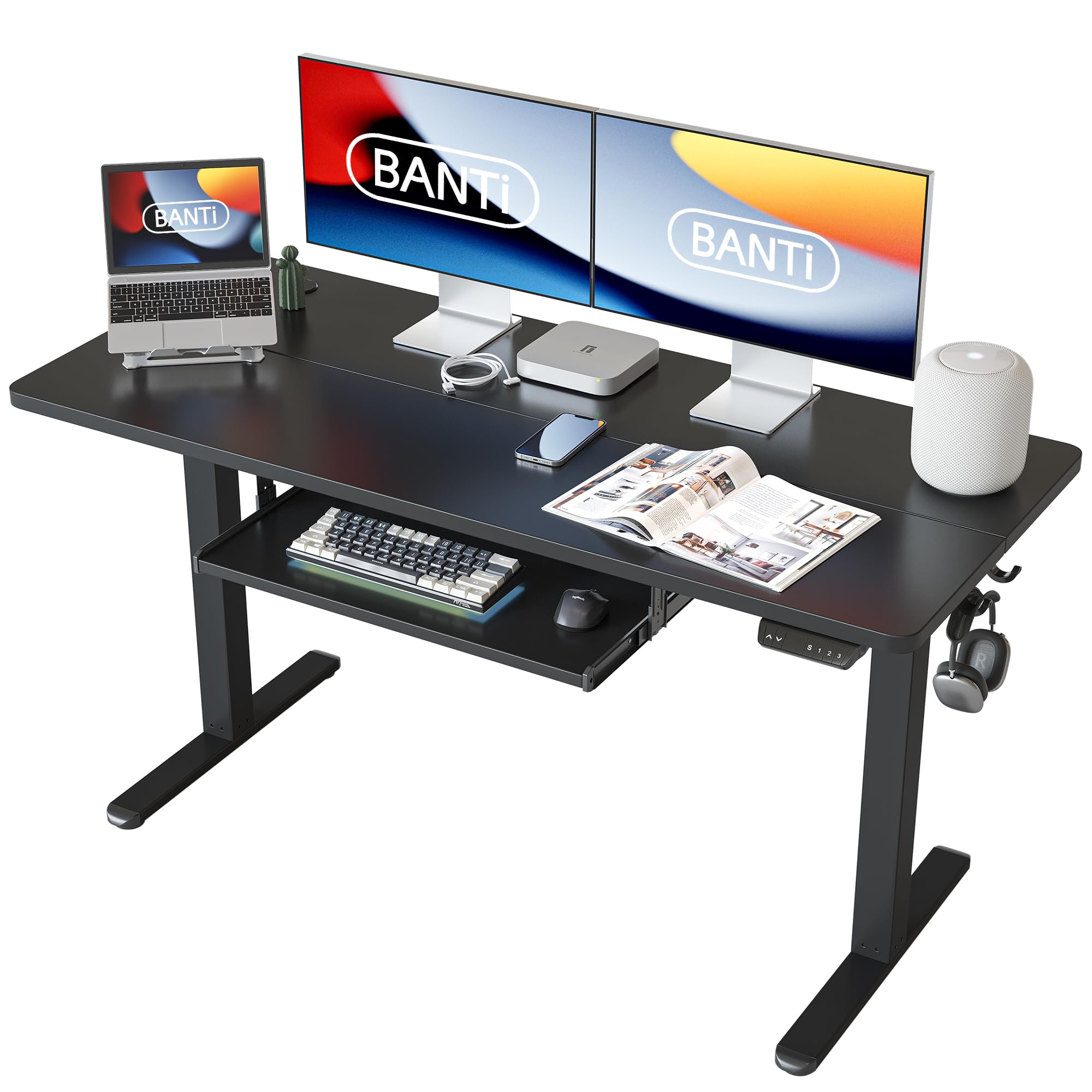 BANTI 55 x 24 Inch Electric Height Adjustable Standing Desk with Keyboard Tray | Sit Stand Workstation with Splice Board | Black Frame & Black Top | Perfect for Home Office & Gaming Setup
