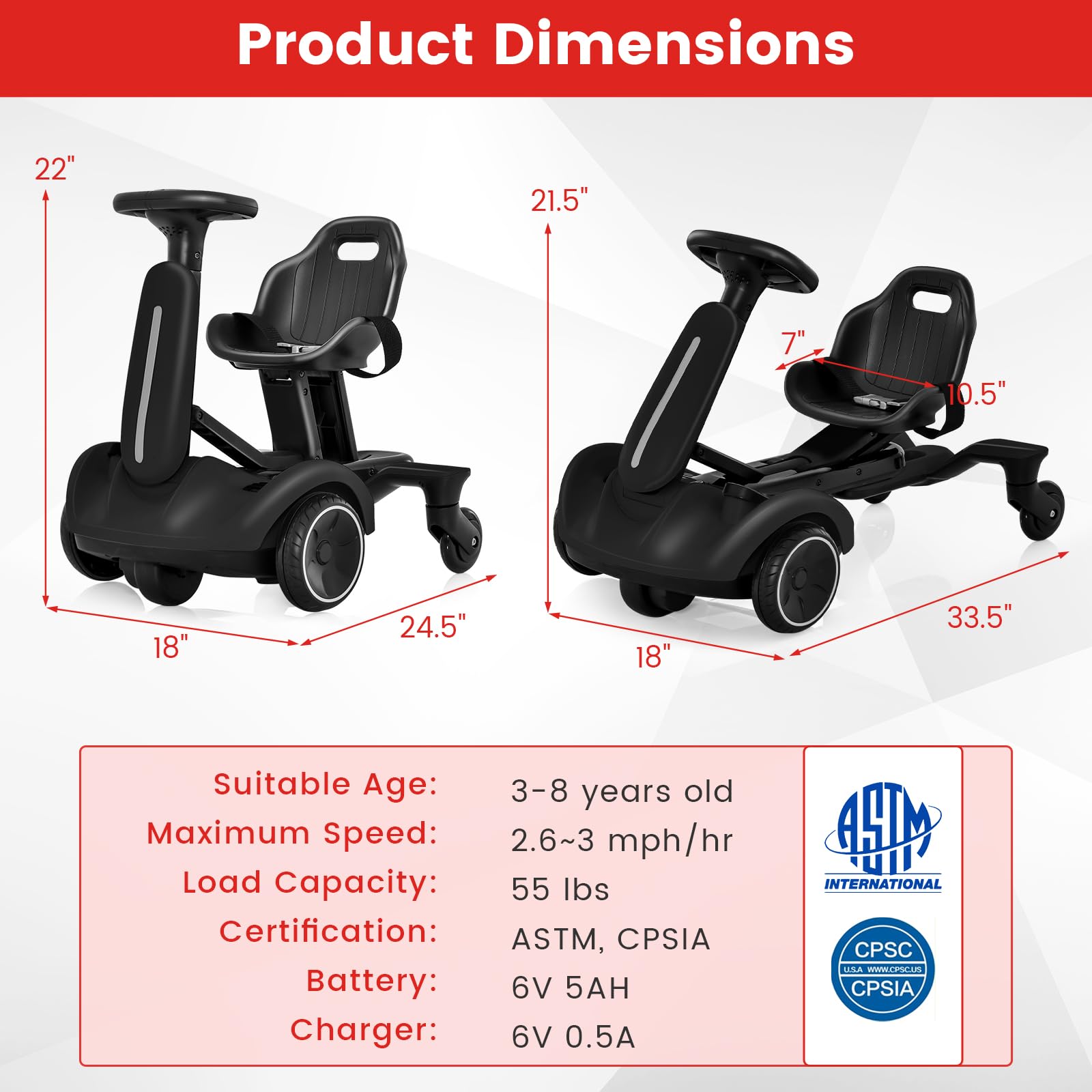 Costzon 6V Electric Ride-On Drift Car for Kids Ages 3+ | 360° Spin, Adjustable Seat, 2.6-3 MPH | Horn & Engine Sounds | Black Kids Drifting Go Kart - Perfect for Indoor Play & Backyard Fun