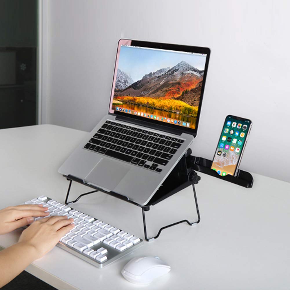 Lightweight Ventilated Laptop Stand with Adjustable Phone Holder - Foldable & Portable Riser for 13-17 Inch Notebooks (Black) - Perfect for Home Office, Gaming & Travel Use