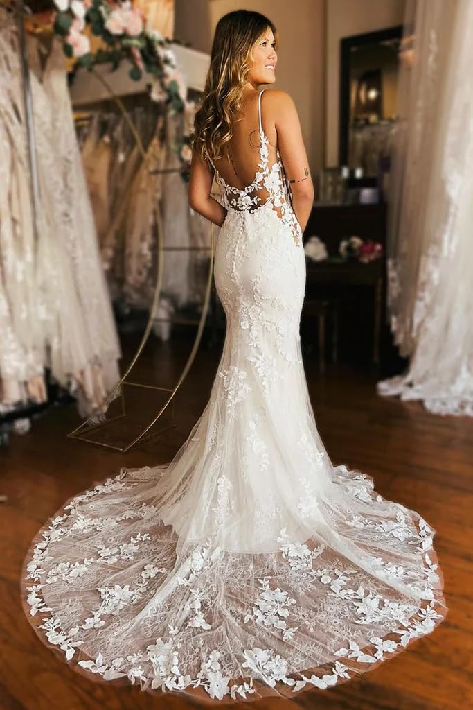 Elegant Tulle Wedding Dress with Applique - Spaghetti Strap Mermaid Bridal Gown V-Neck Formal Gown for Bride | Perfect for Beach Weddings, Church Ceremonies, and Romantic Photoshoots