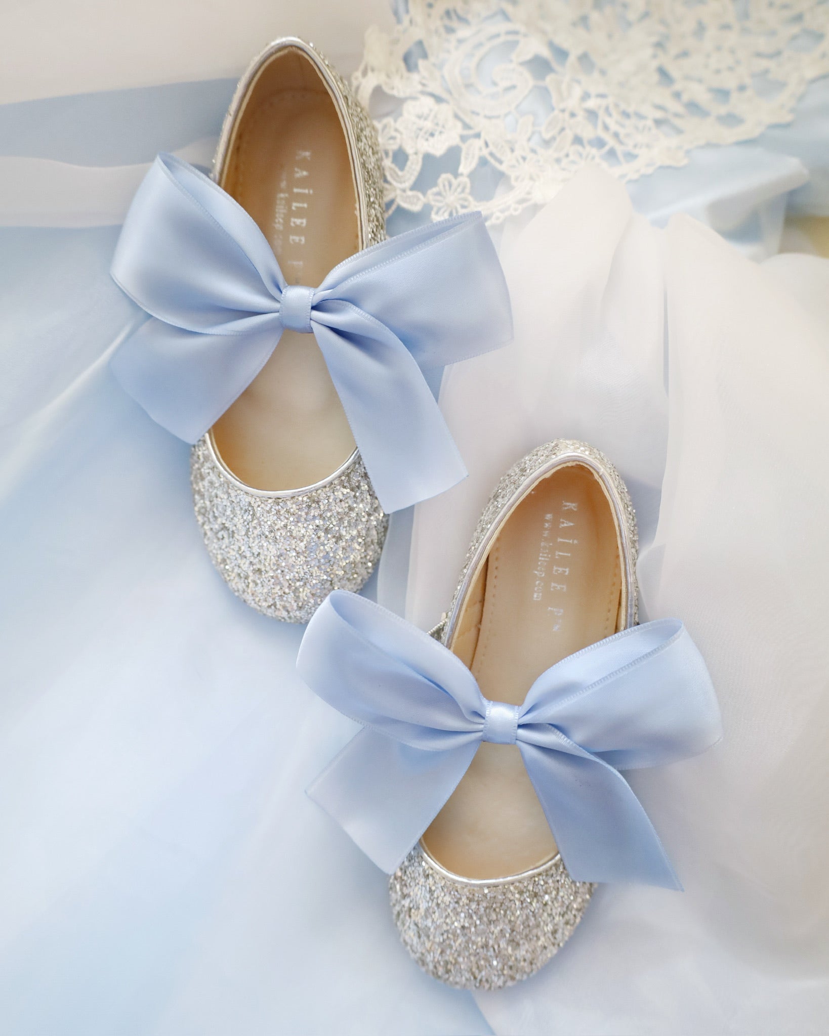 Sparkling Silver Rock Glitter Mary Jane Shoes with Elegant Dusty Blue Satin Bow - Perfect for Weddings, Prom, and Special Occasions