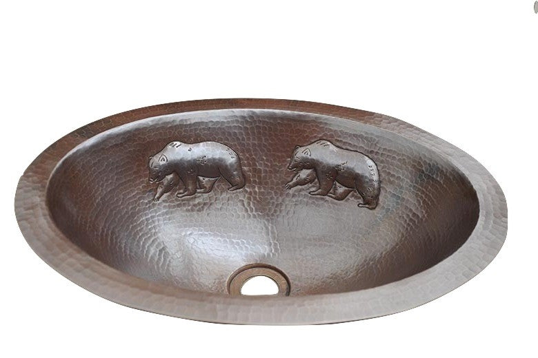 Handmade Oval Copper Sink with Flat Edge - Bear Design Farmhouse Kitchen Sink - Perfect for Rustic Bathroom Vanity or Country Style Kitchen Decor