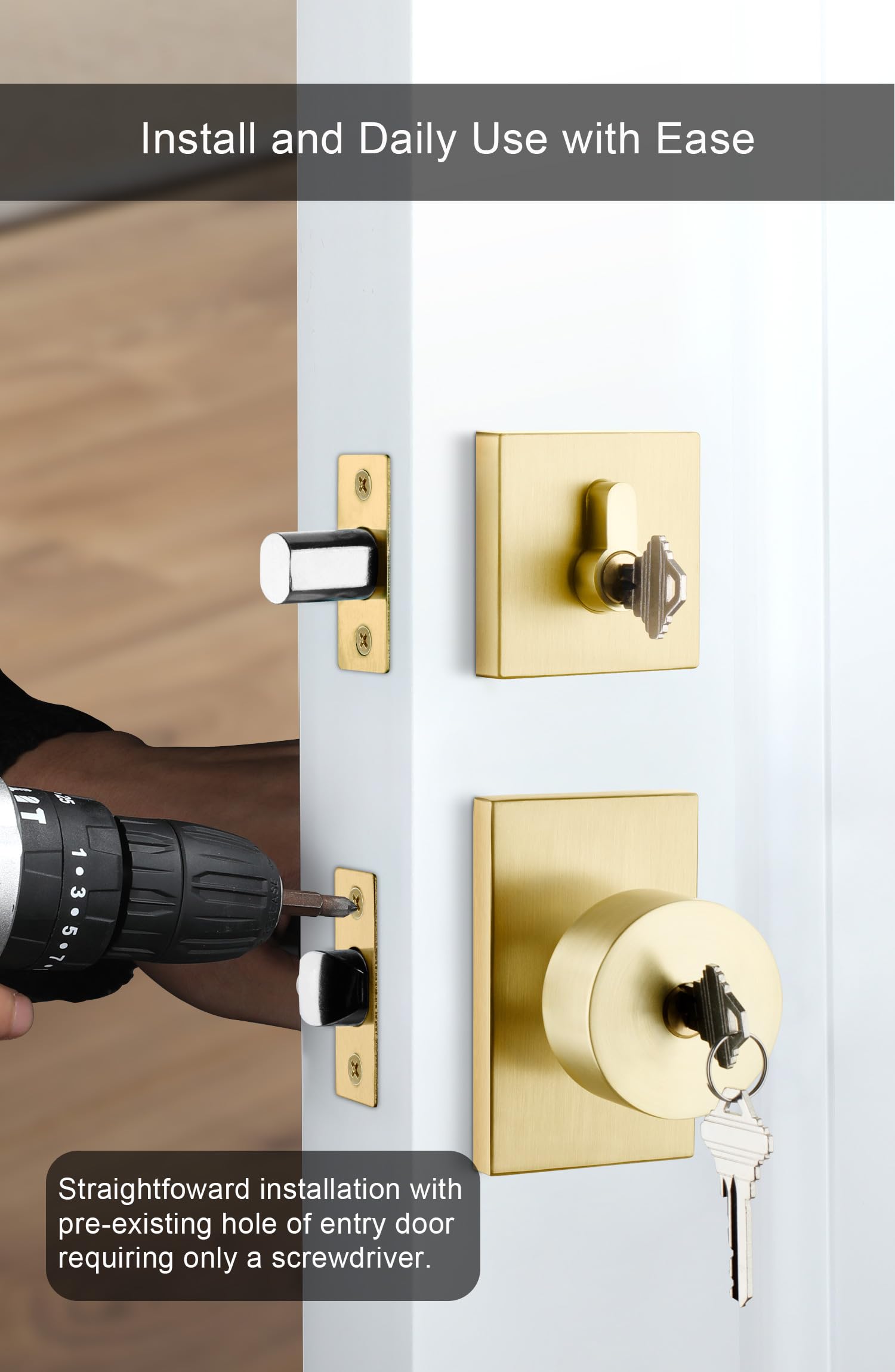 Goldenwarm Brushed Gold Exterior Door Knob with Deadbolt - Heavy Duty Brass Front Entry Door Lock Set (1 Pack) | Contemporary Square Design for Enhanced Home Security & Curb Appeal | Perfect for Front Doors, Back Doors & Patio Entrances