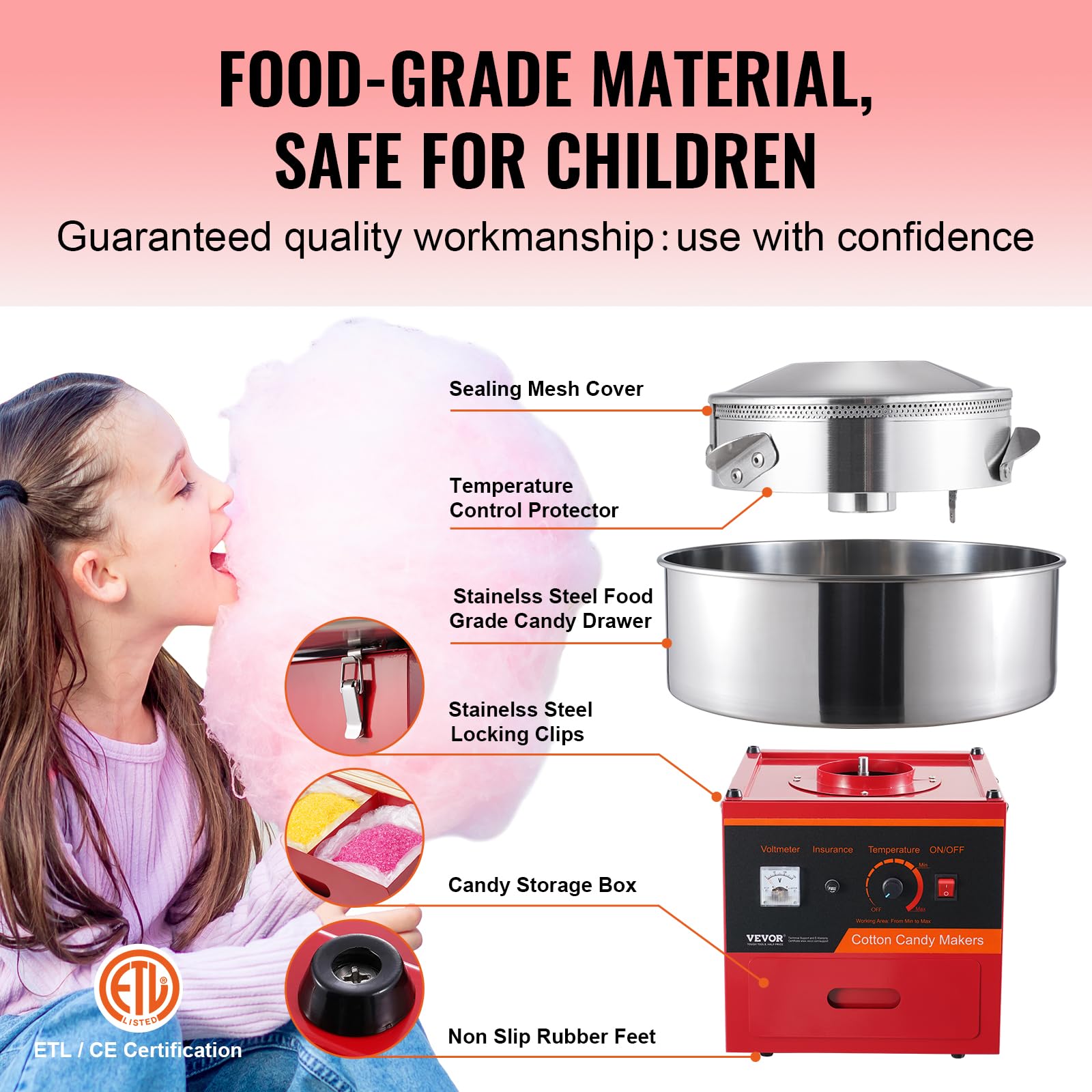 VEVOR 1000W Commercial Electric Cotton Candy Machine with Stainless Steel Bowl, Sugar Scoop & Drawer - Perfect for Kids Birthday Parties, Family Gatherings, Carnival Events & Home Use (Red)