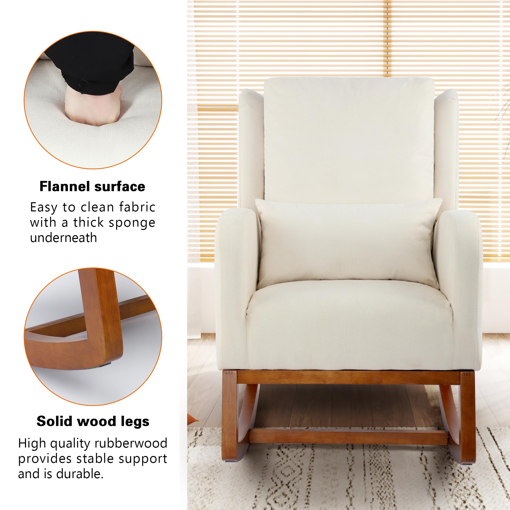 DAGONHIL Nursery Glider Rocking Chair - High Back Upholstered Armchair with Side Pocket & Pillow, Solid Rubber Wood Legs, Soft Flannel Fabric - Perfect for Nursery, Living Room & Bedroom (Beige) | Comfortable Seating for Breastfeeding, Reading & Relaxing