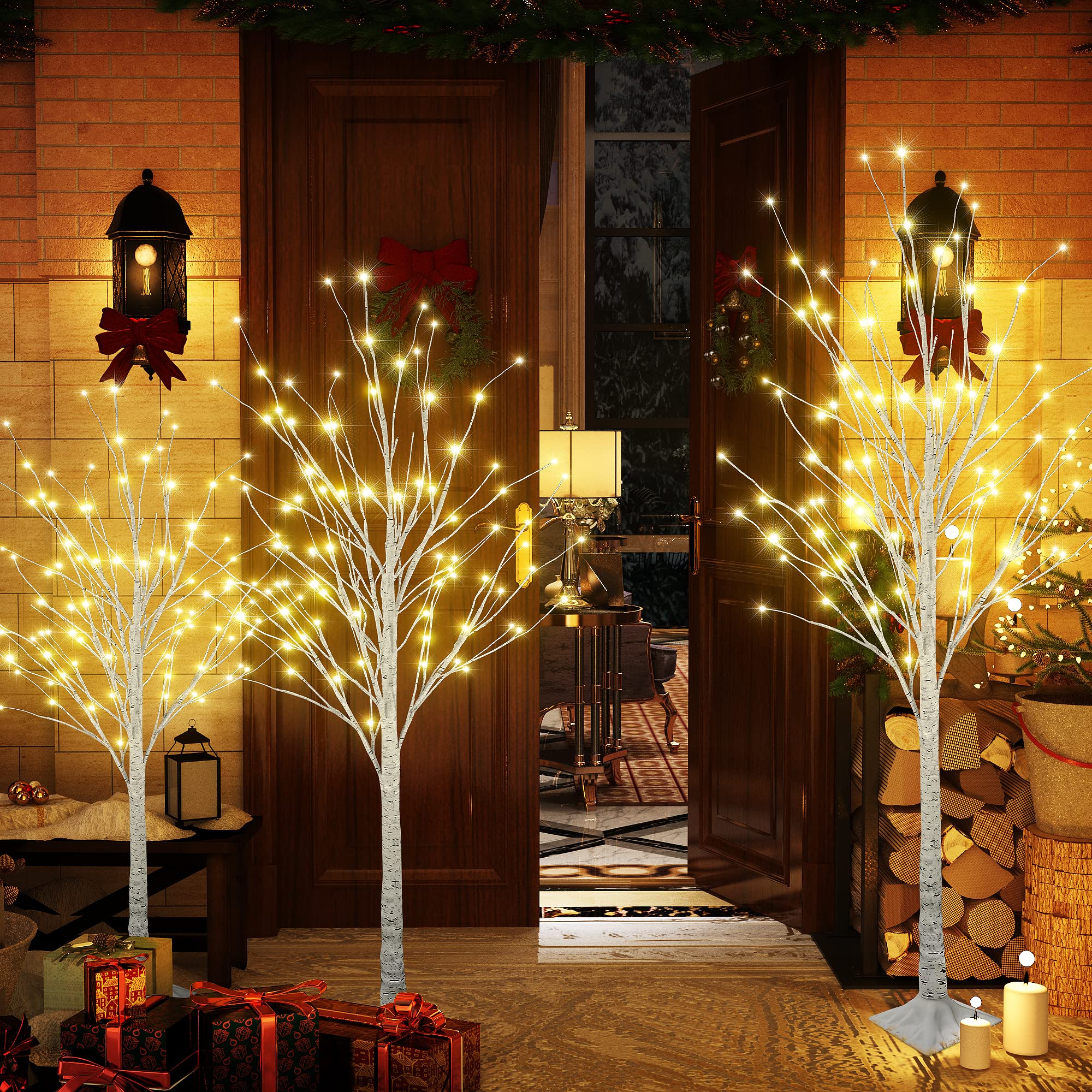 4FT 5FT 6FT LED Birch Tree with Warm White Lights - Artificial Pre-lit Indoor/Outdoor Decorative Tree for Christmas, Wedding, Party & Easter Decor (Set of 3) | Perfect for Home, Garden, and Event Decorations