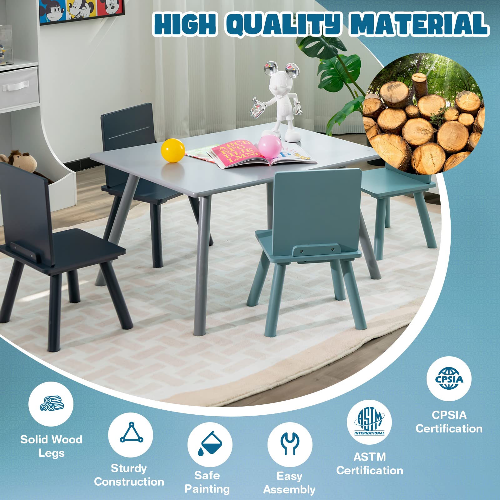 HONEY JOY Kids Table and Chair Set - 5 Piece Pine Wood Toddler Furniture with Building Blocks, Blue Children's Table & 4 Chairs for Daycare, Classroom, Playroom - Perfect Gift for Boys & Girls | Ideal for Learning, Playtime & Creative Activities