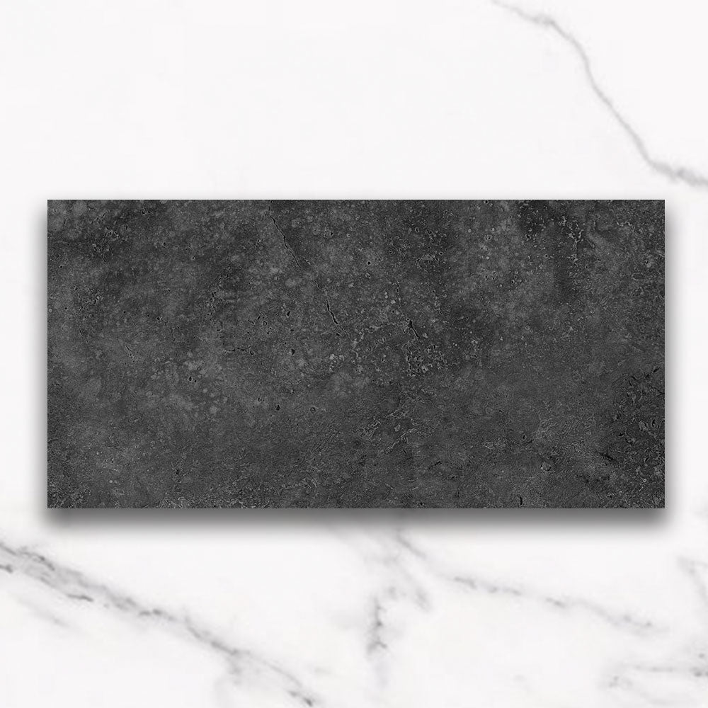 Kronos Charcoal 300x600mm Matte Porcelain Tiles - Travertine Look Floor & Wall Tiles for Bathroom, Kitchen & Living Room
