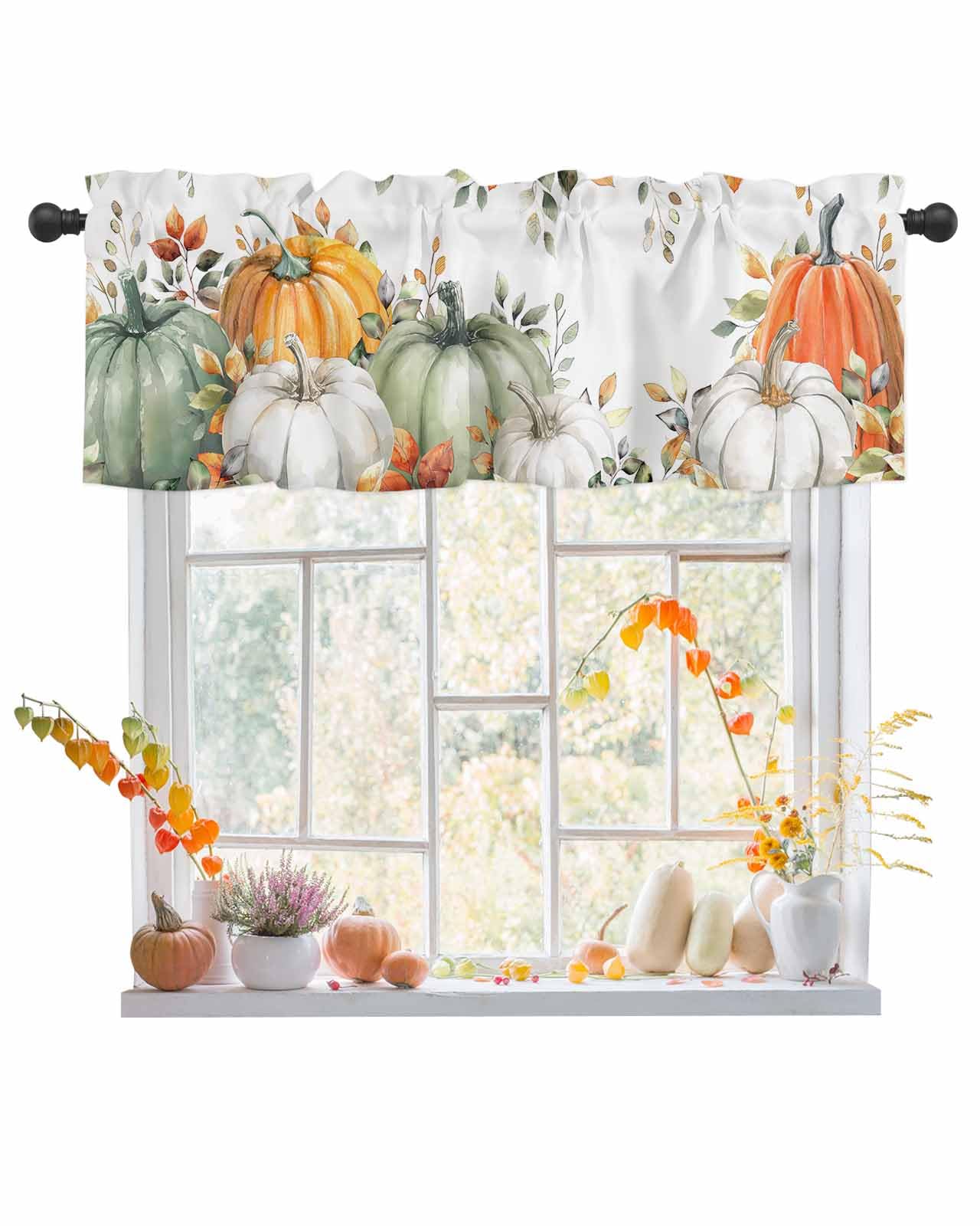 Fall Window Valance - Thanksgiving Curtain Valance in Green & Orange with Pumpkin & Eucalyptus Leaf Design - 54x18 Inch Autumn Window Treatment for Kitchen, Living Room, Bedroom - Perfect for Holiday Decor & Seasonal Home Styling