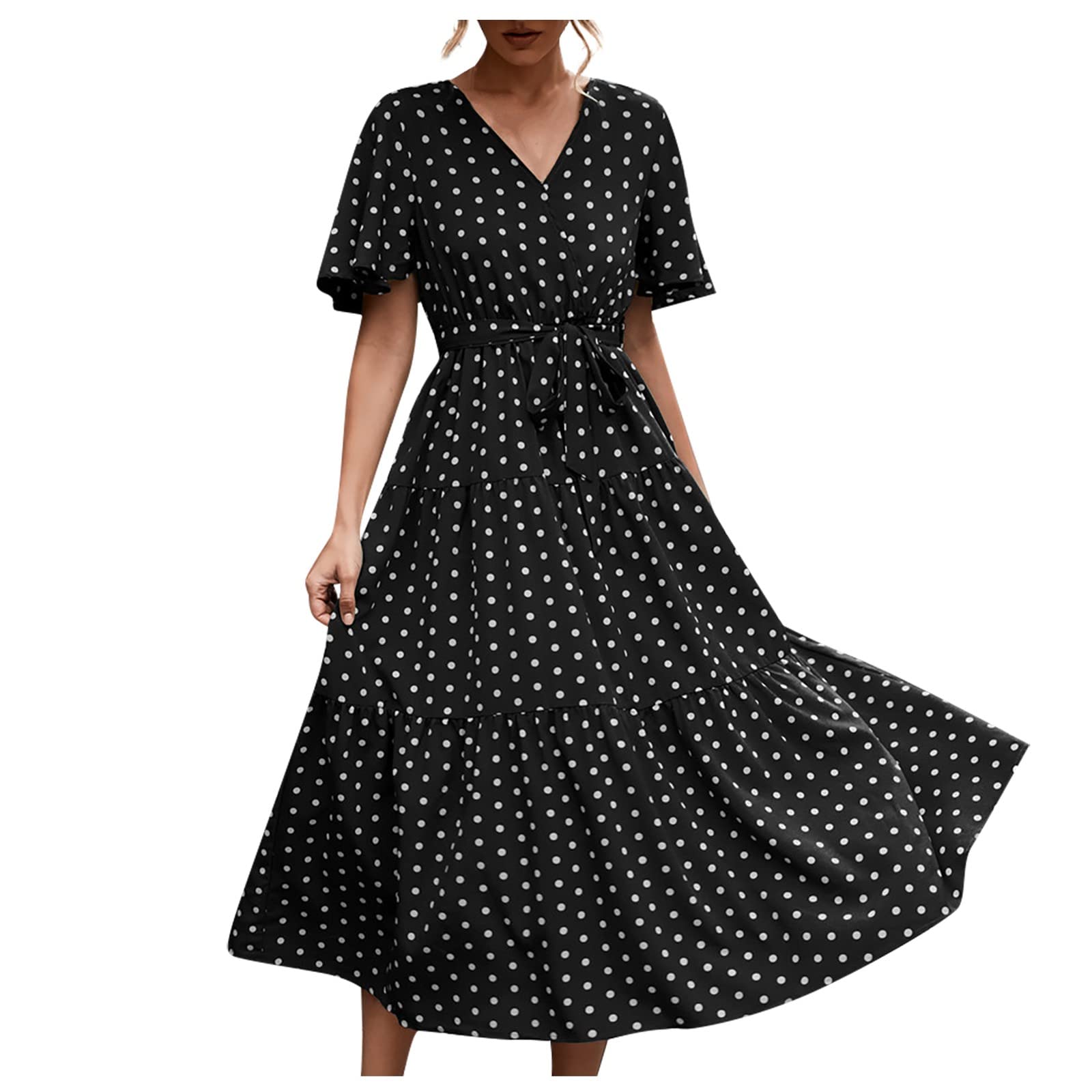 Hopolsy Women's Summer Casual V-Neck Floral Print Belted A-Line Dress with Geometric Pattern - Perfect for Beach Vacations, Date Nights & Office Wear
