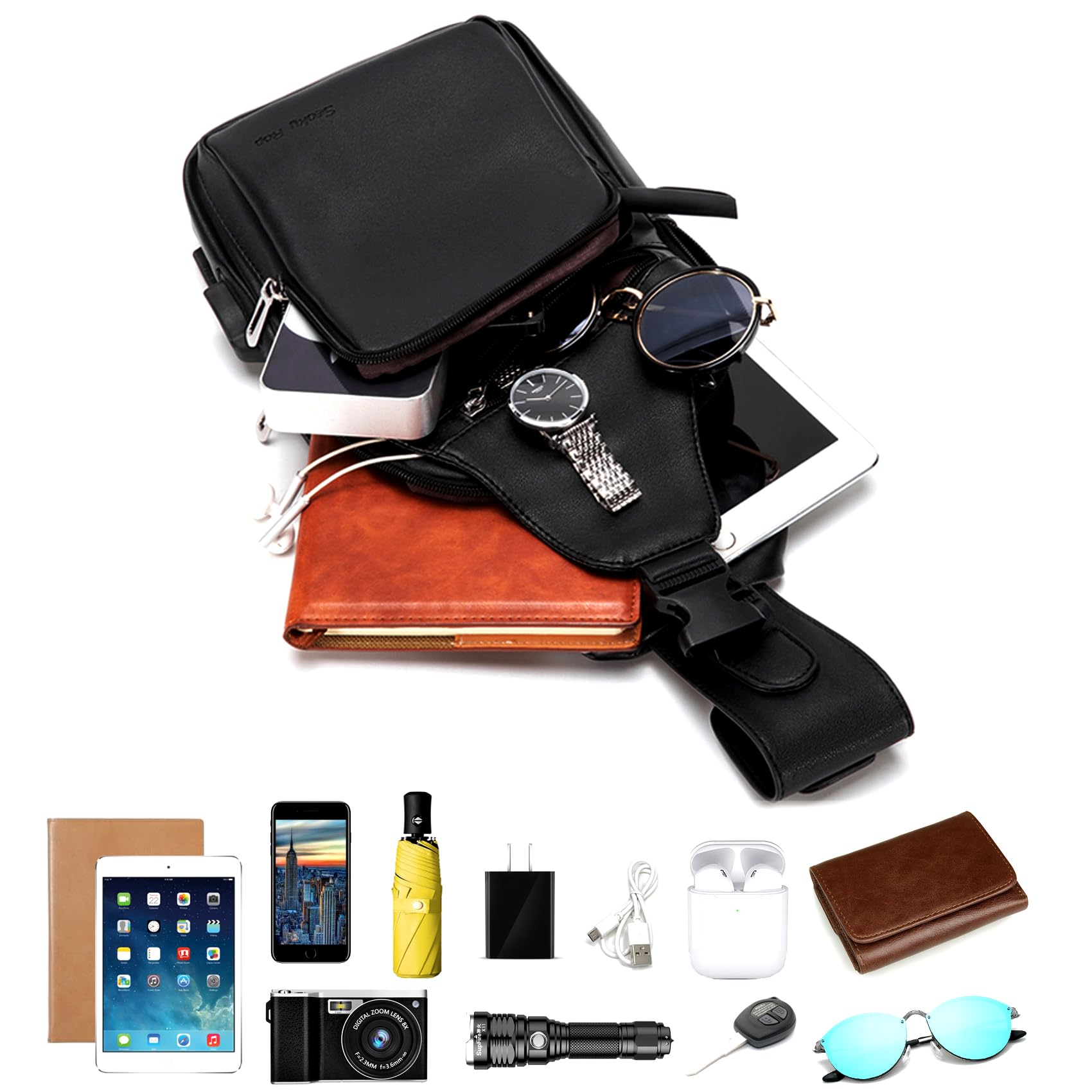 Seoky Men's Leather Sling Bag - Waterproof Crossbody Chest Bag with USB Charging Port - One Shoulder Sling Backpack for Travel, Work & Daily Use (Black)