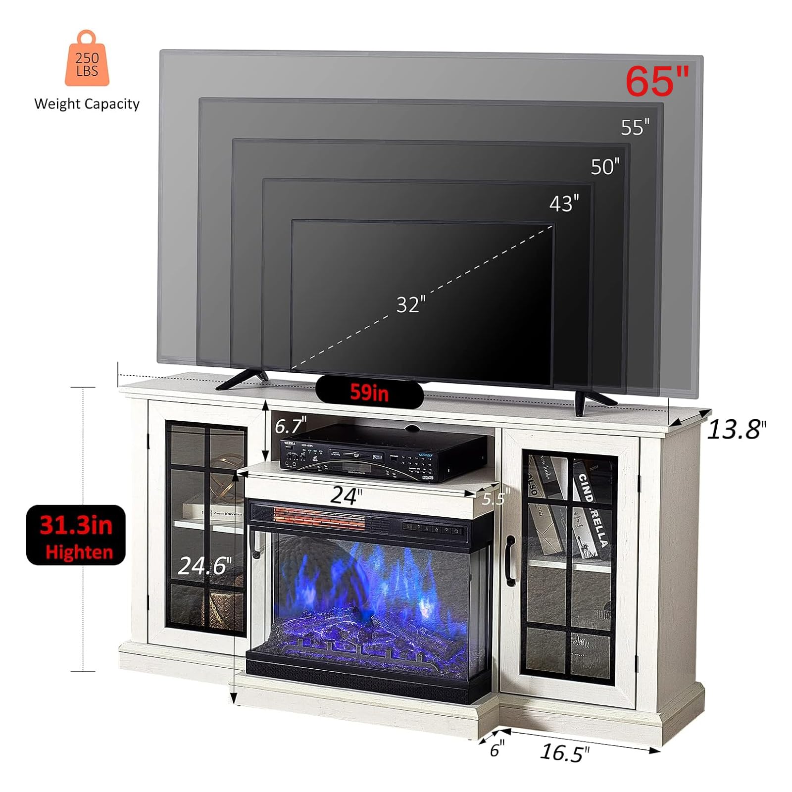 AMERLIFE 65 Inch 3-Sided Glass Fireplace TV Stand - 12 Color LED Media Console with Storage Doors - Rustic White Entertainment Center for Living Room, Bedroom & Home Theater