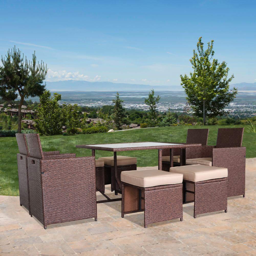 9-Piece Wood Grain Wicker Rattan Dining Ottoman Set with Glass Table - Durable Patio Furniture for Outdoor Entertaining, Garden Parties & Backyard Relaxation
