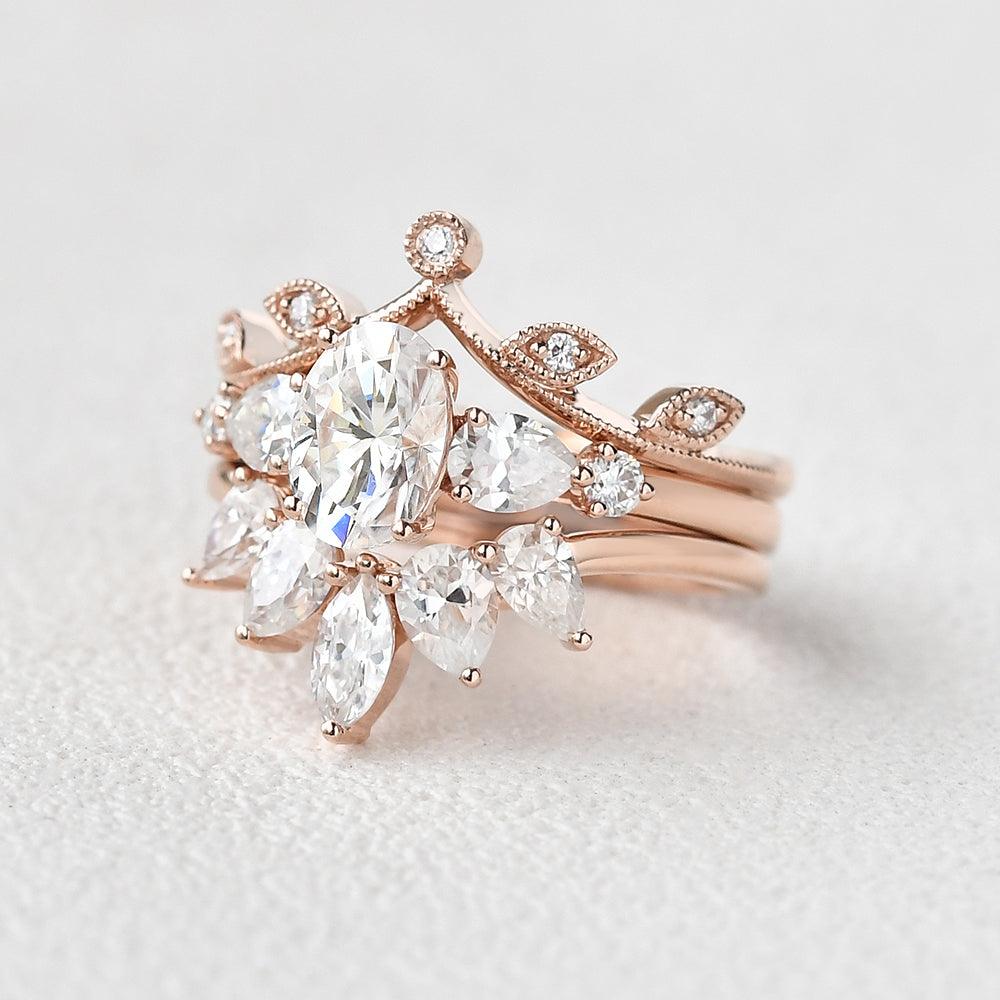 1.0ct Oval Moissanite Three Stone Leafy Ring Set - 3 Piece Wedding Engagement Jewelry Set for Women - Perfect for Anniversaries, Proposals & Special Occasions