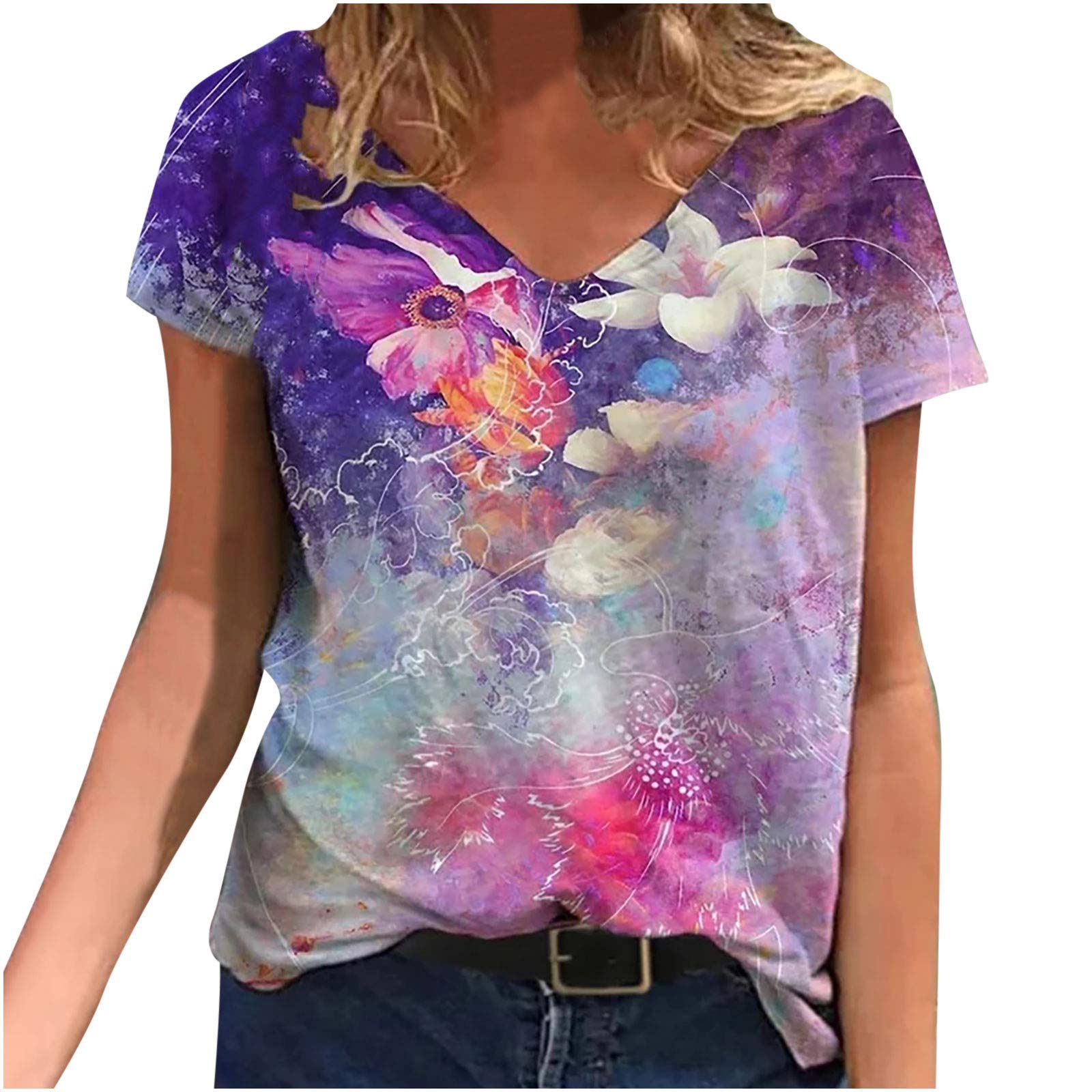 Voltina Women's Summer Short Sleeve V-Neck T-Shirt - Casual Loose Fit Printed Blouse Top for Beach, Vacation & Everyday Wear