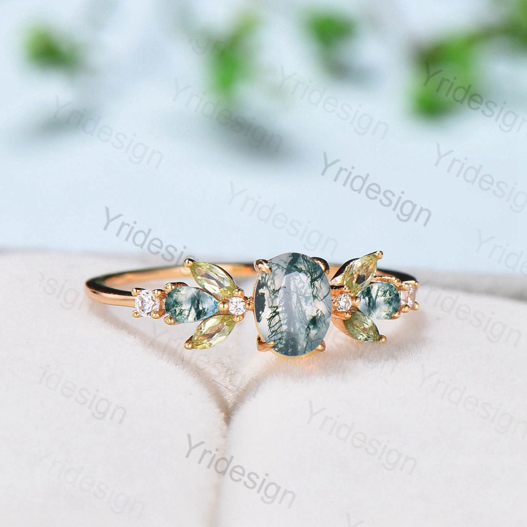 1 Carat Oval Natural Moss Agate Engagement Ring - Marquise Cut Peridot & Pear Green Agate Multi Stone Wedding Band for Women | Anniversary Gift, Bridal Jewelry, Promise Ring