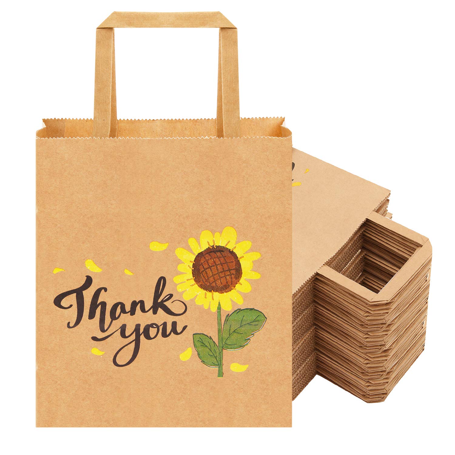 50Pcs 10x8x4.7 Inch Sunflower Thank You Gift Bags Bulk with Handles - Small Business Retail Paper Bags for Party Favors, Wedding, Baby Shower & Customer Appreciation Gifts
