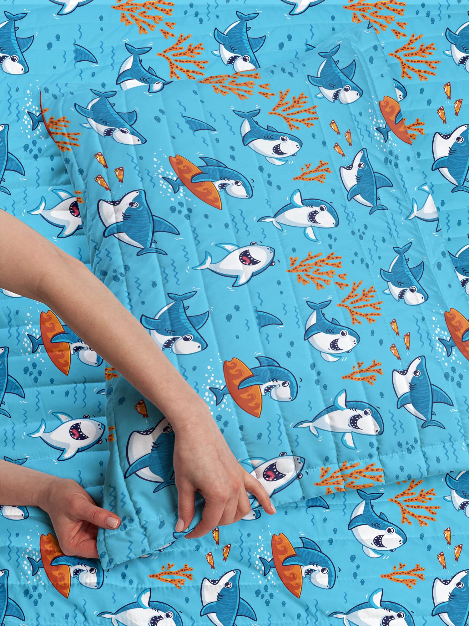 Ambesonne Shark Microfiber Bedspread Set - Underwater Fantasy World with Playful Fish Characters & Cheerful Mascots | Soft Queen Size Bedding Set Includes Pillow Shams & Comforter in Blue White Orange | Perfect for Kids' Rooms, Beach Themed Decor & Shark Lovers