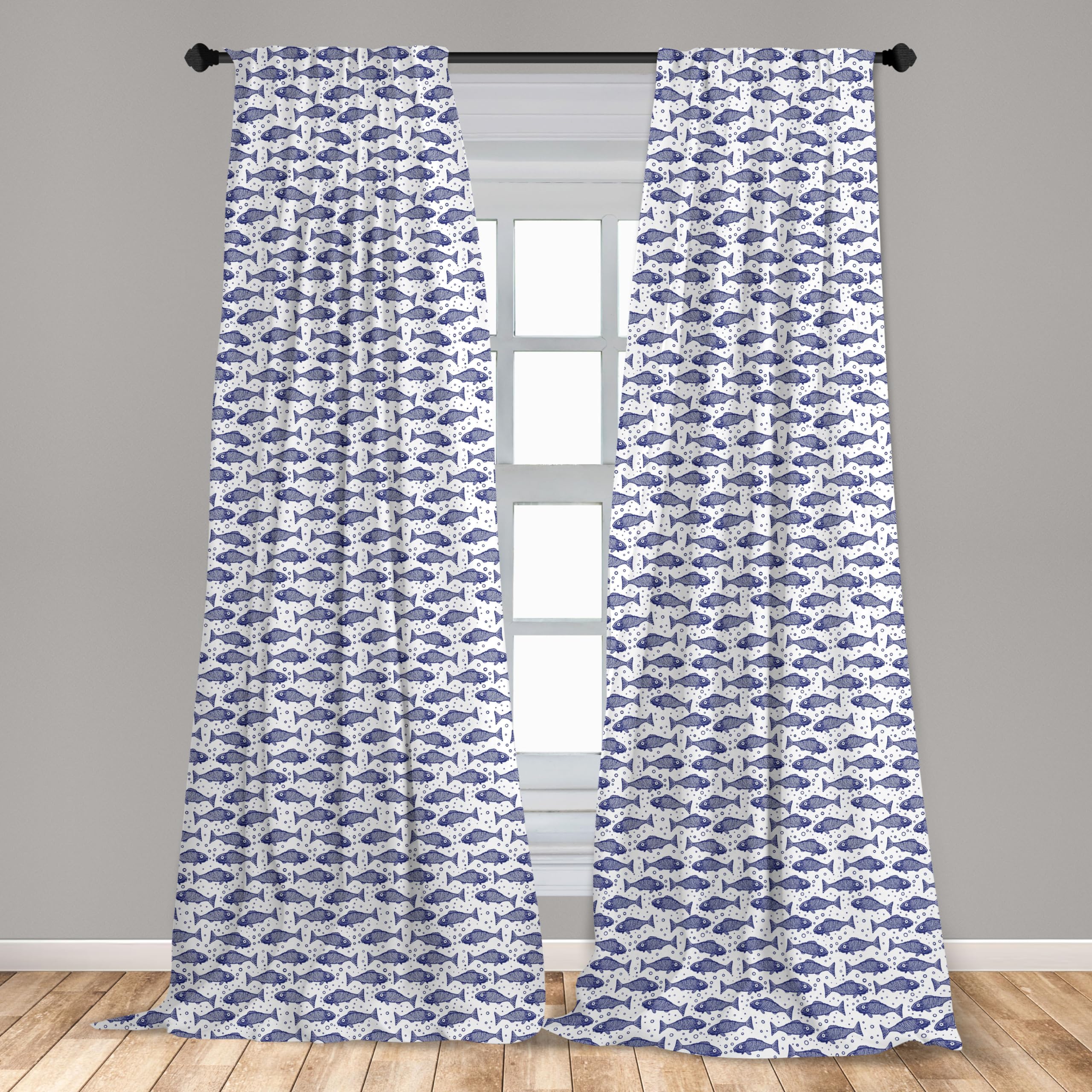 Ambesonne Nautical Window Curtains Set of 2 Panels - Monochrome Hand Drawn Hatched Fish Design with Minimal Bubbles, Lightweight Rod Pocket Drapes 28