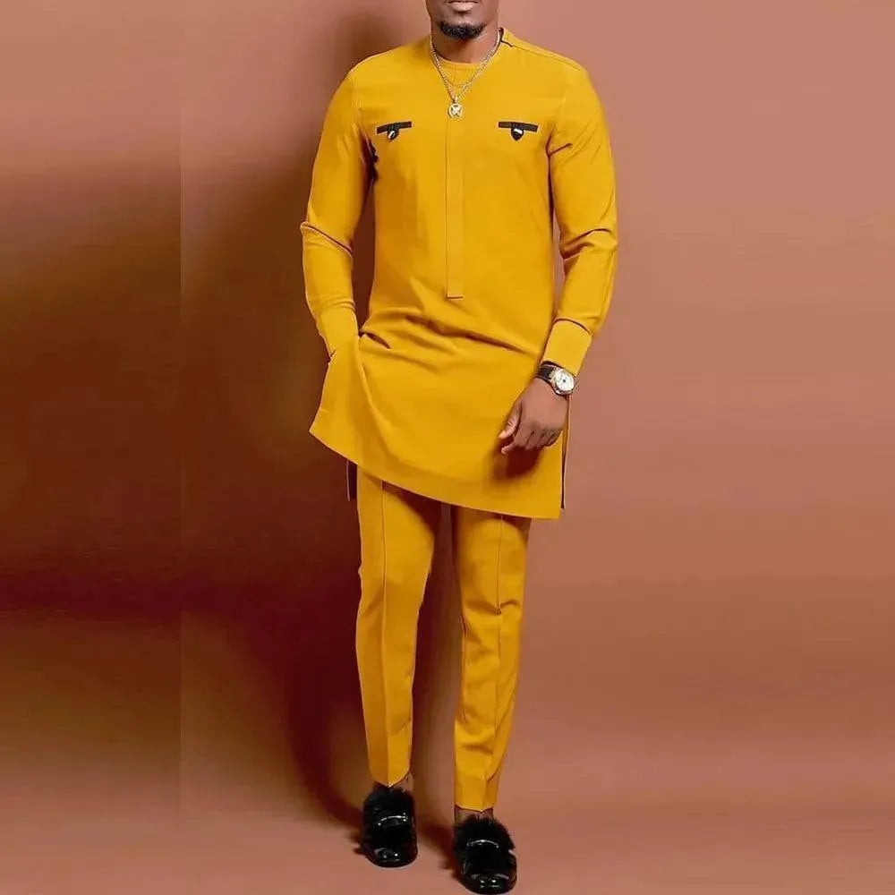 Men's Relaxed Gold Embroidered Two Piece Lounge Set - Comfortable Outfit for Home, Travel & Casual Wear