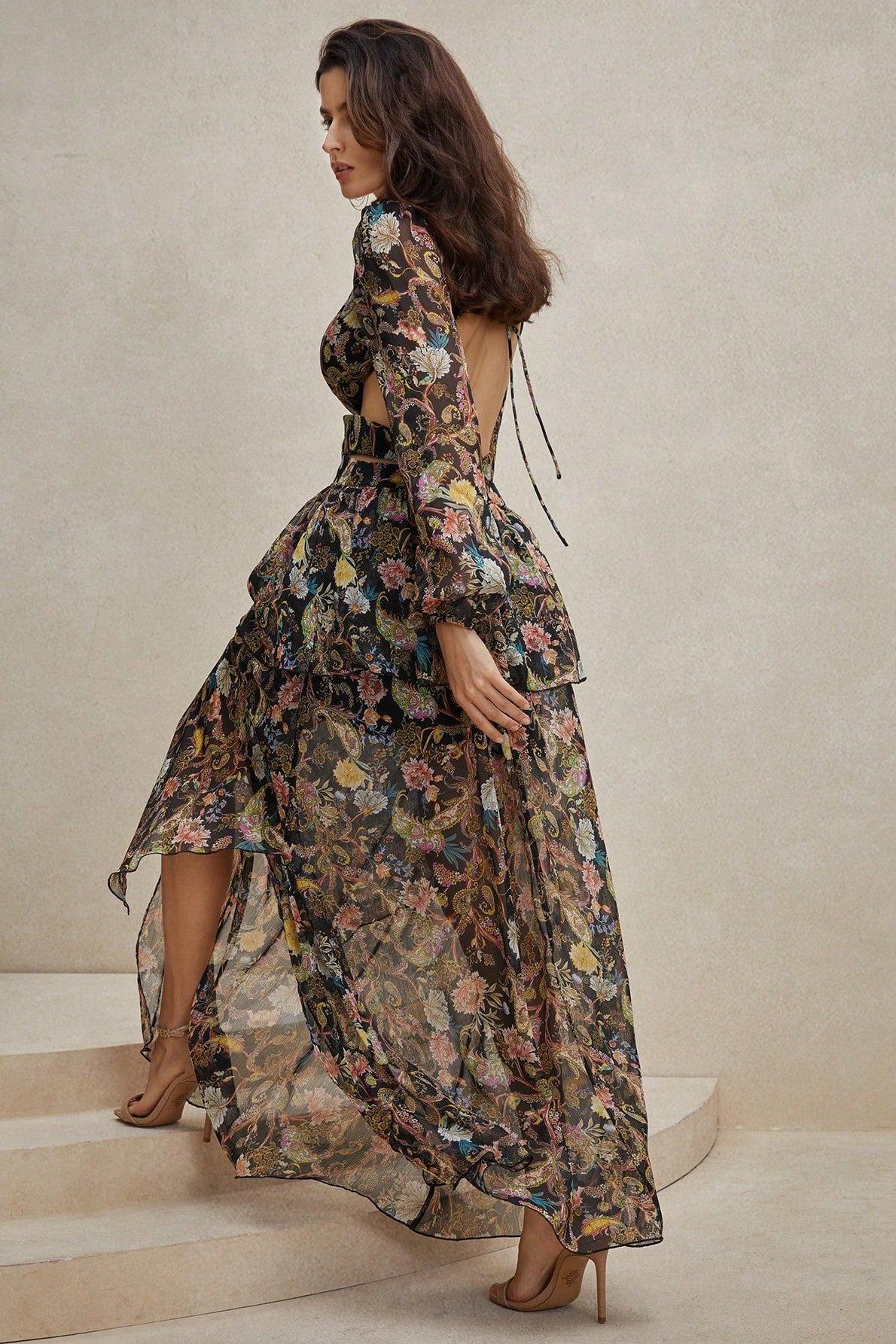 Elegant Chiffon Paisley Print Long Sleeve Midi Dress for Women - Boho Flowy Party & Wedding Guest Outfit