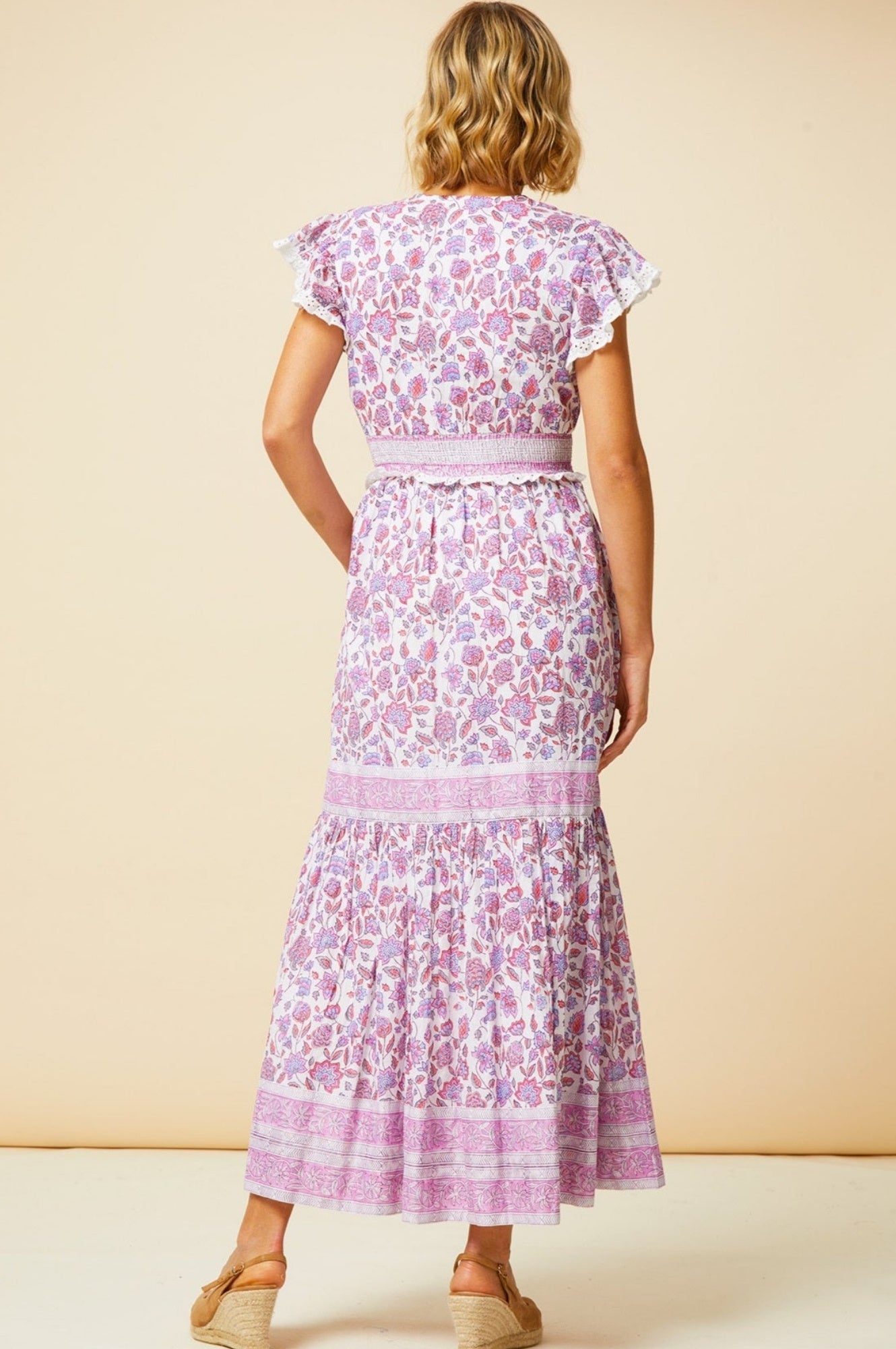Pippa Block Print Dress | Garden Jaal Pink/White Floral Cotton Maxi Dress for Women | Perfect for Summer Vacations, Beach Outings & Boho Parties
