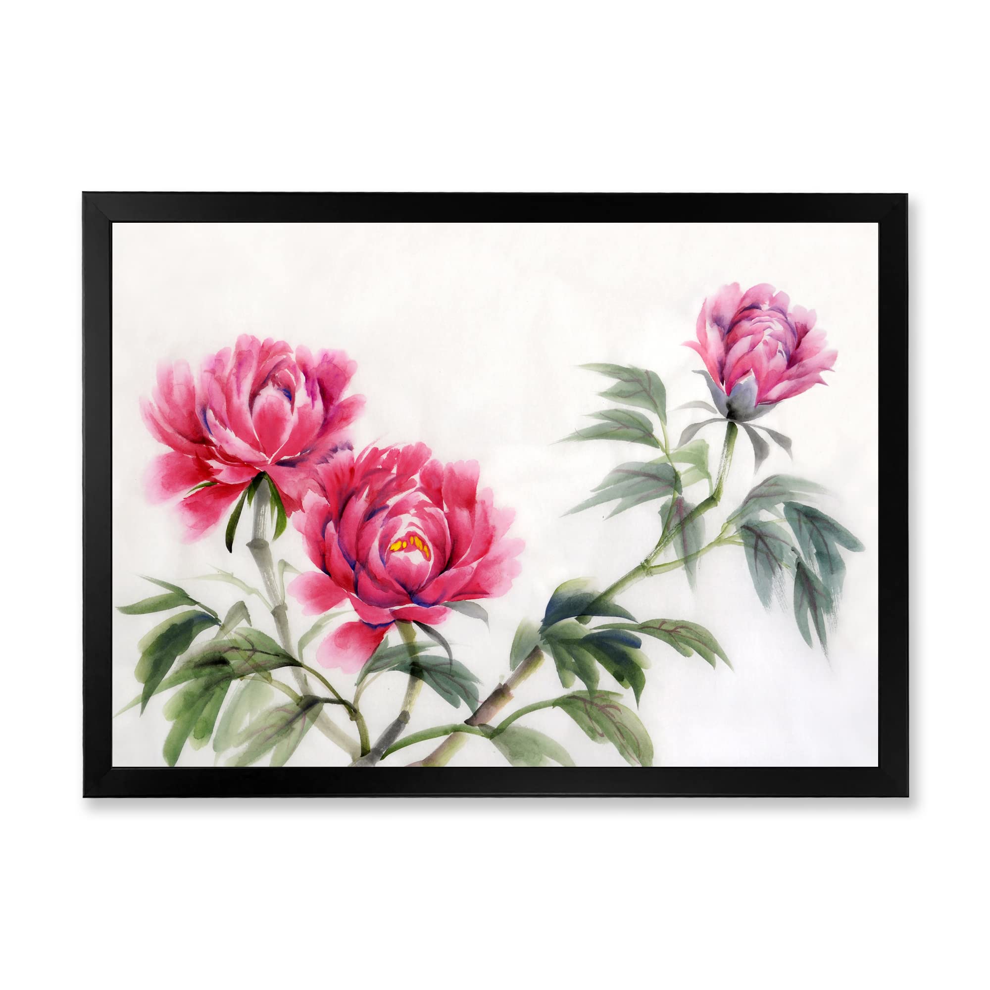 Vintage Peonies Flowers Framed Wall Art - Traditional Chinese Floral Painting for Home Decor, Living Room, Bedroom & Office