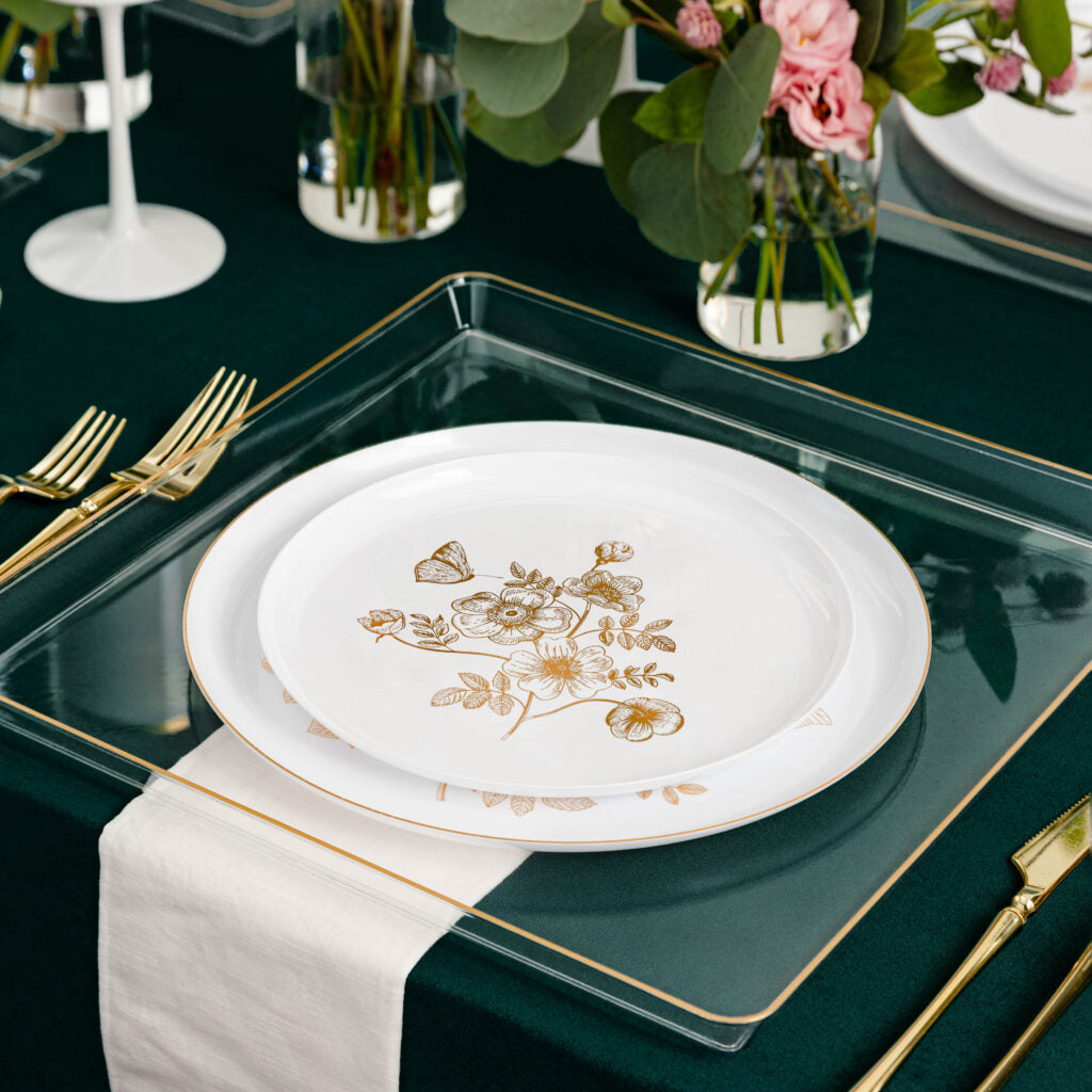 20-Pack White and Gold Round Plastic Dinnerware Set for 10 Guests - Elegant French Toile Design - Perfect for Weddings, Parties, and Outdoor Dining