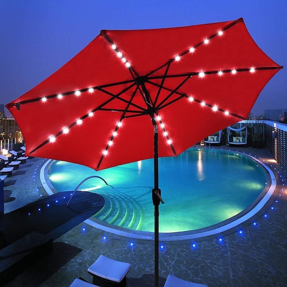 9 Ft Outdoor Tilt Umbrella with Solar LED Lights - Red Patio Umbrella for Garden, Poolside & Backyard - Weather-Resistant Sun Shade with Adjustable Cantilever Design