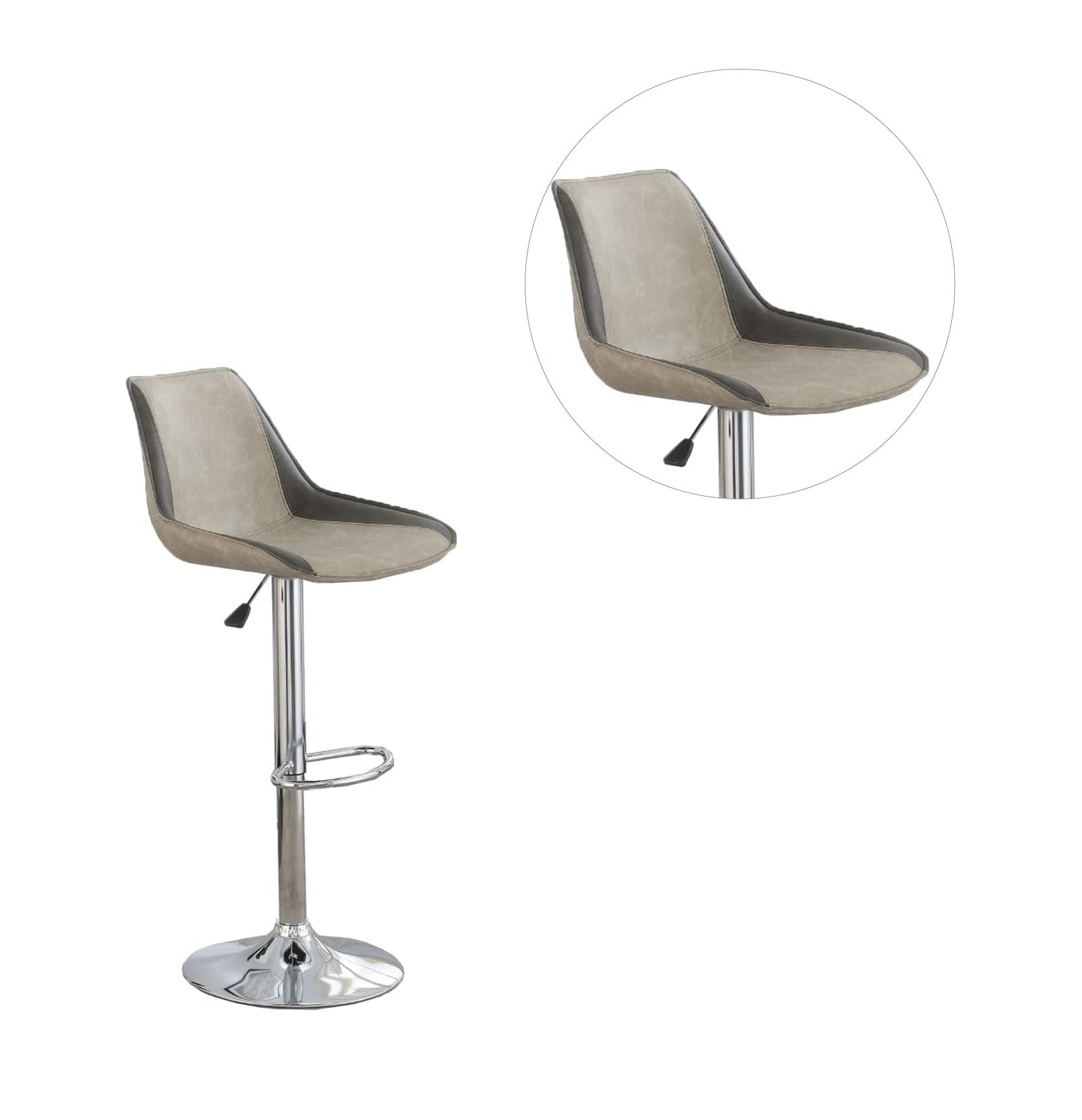Modern Adjustable Bar Stool Set of 2 - Light Grey Waxed PU Leather with Chrome Base - Counter Height Kitchen & Dining Chairs for Breakfast Bar, Island, or Pub Table