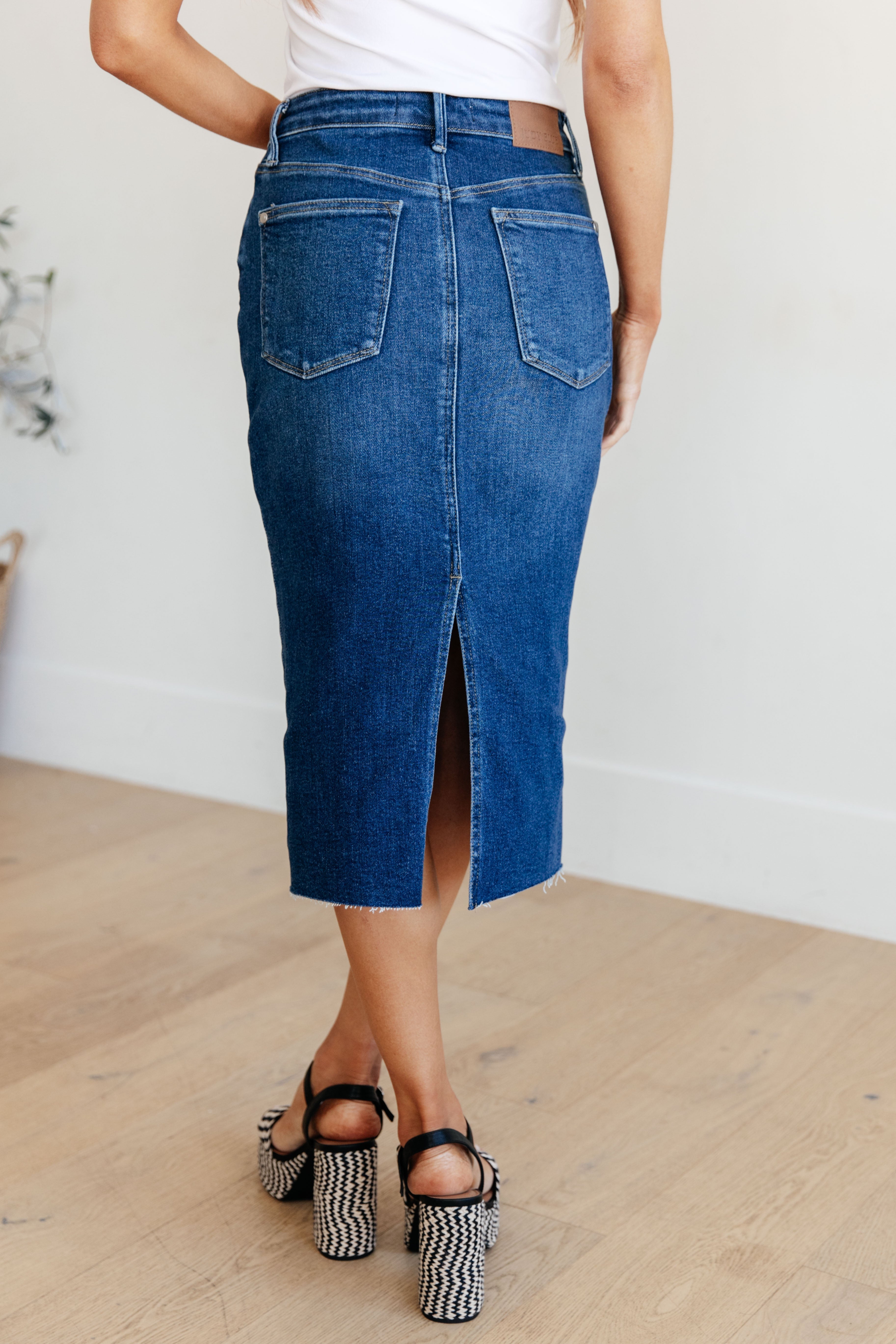 Marcy High Rise Denim Midi Skirt for Women - Stretchy Comfort Fit A-Line Denim Skirt | Perfect for Casual Outfits, Office Wear & Date Nights