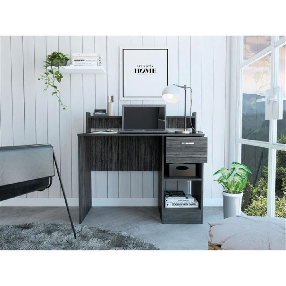 Charlotte Computer Desk with Open Shelf, 2 Storage Shelves & Built-in Drawer - Smokey Oak Finish Home Office Desk for Small Spaces, Work from Home & Study