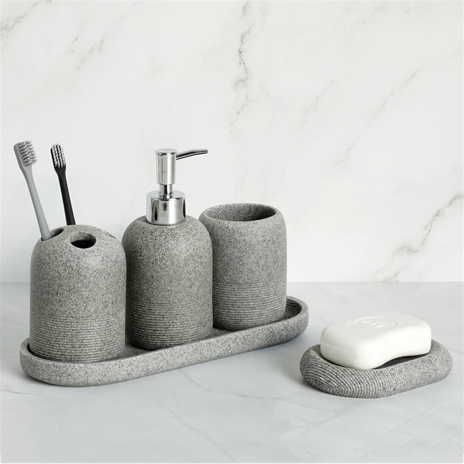 Refillable Liquid Hand Soap Dispenser Set - 5 Piece Resin Bathroom Accessories Kit with Soap Dispenser, Toothbrush Holder, Tumbler, Soap Dish & Tray - Perfect for Modern Bathrooms, Guest Baths & Spa Style Decor