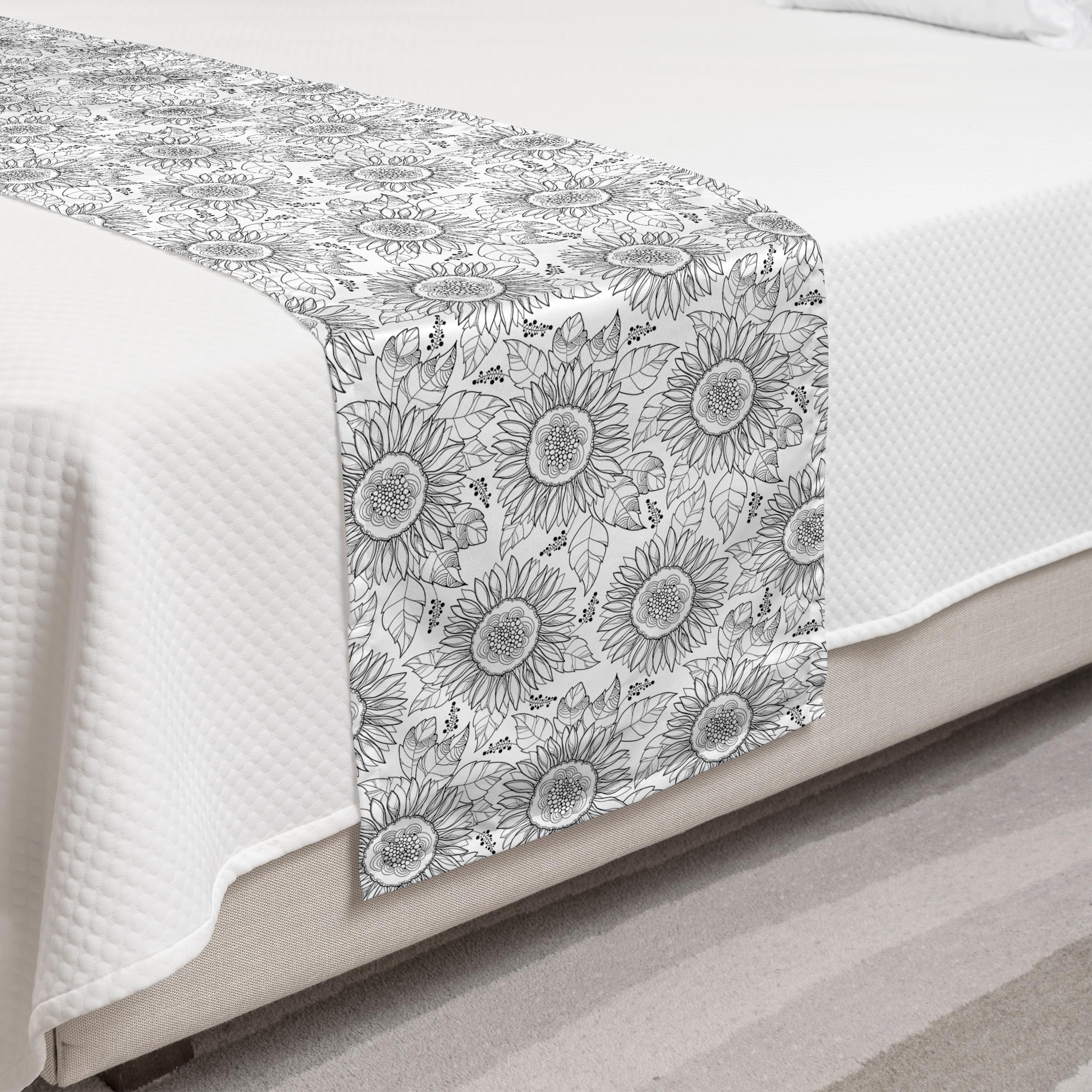Ambesonne Floral Bed Runner - Hand-Drawn Sunflower Design, Decorative Bed Scarf for Twin Beds, Charcoal Grey & White | Perfect for Hotels, Homes & Guestrooms - Adds Elegance to Bedroom Decor