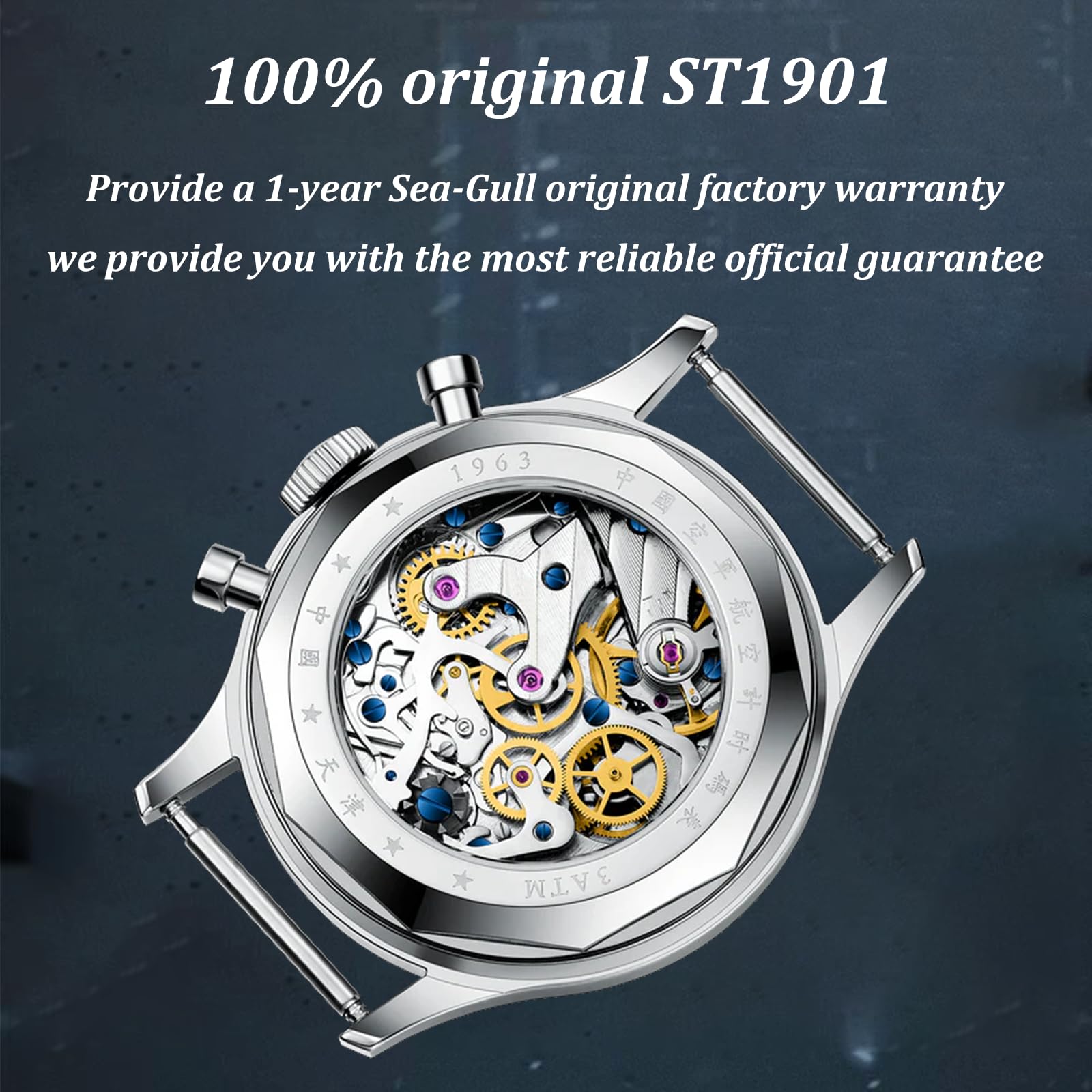 Seagull 1963 Aviation Chronograph Pilot Mechanical Watch for Men - Manual Winding ST1901 Movement, GD 1963 International Edition - Perfect for Aviation Enthusiasts & Watch Collectors