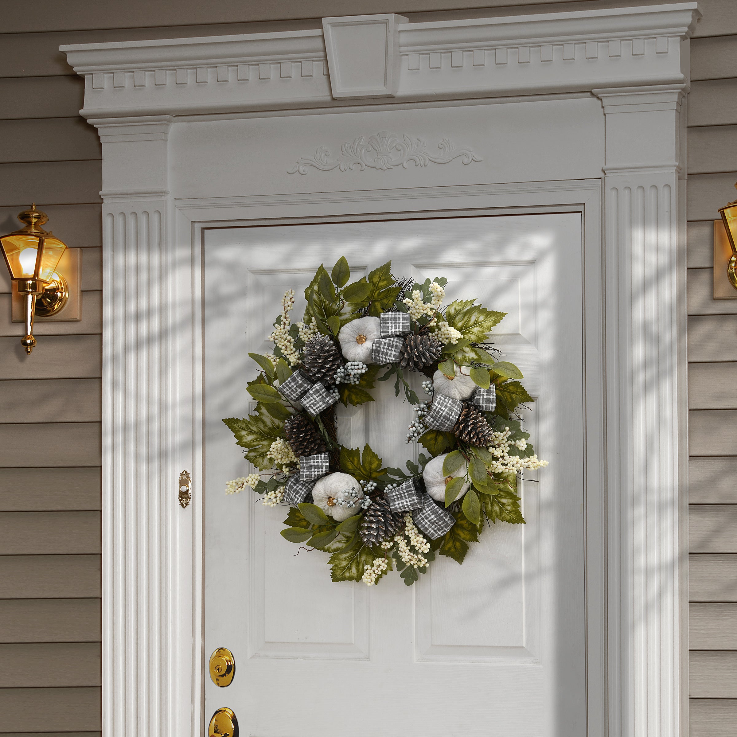 30 Inch Autumn Wreath with Pine Cones, Berries, Mini Gourds & Fabric Bow - Perfect for Front Door, Fireplace & Seasonal Home Decor